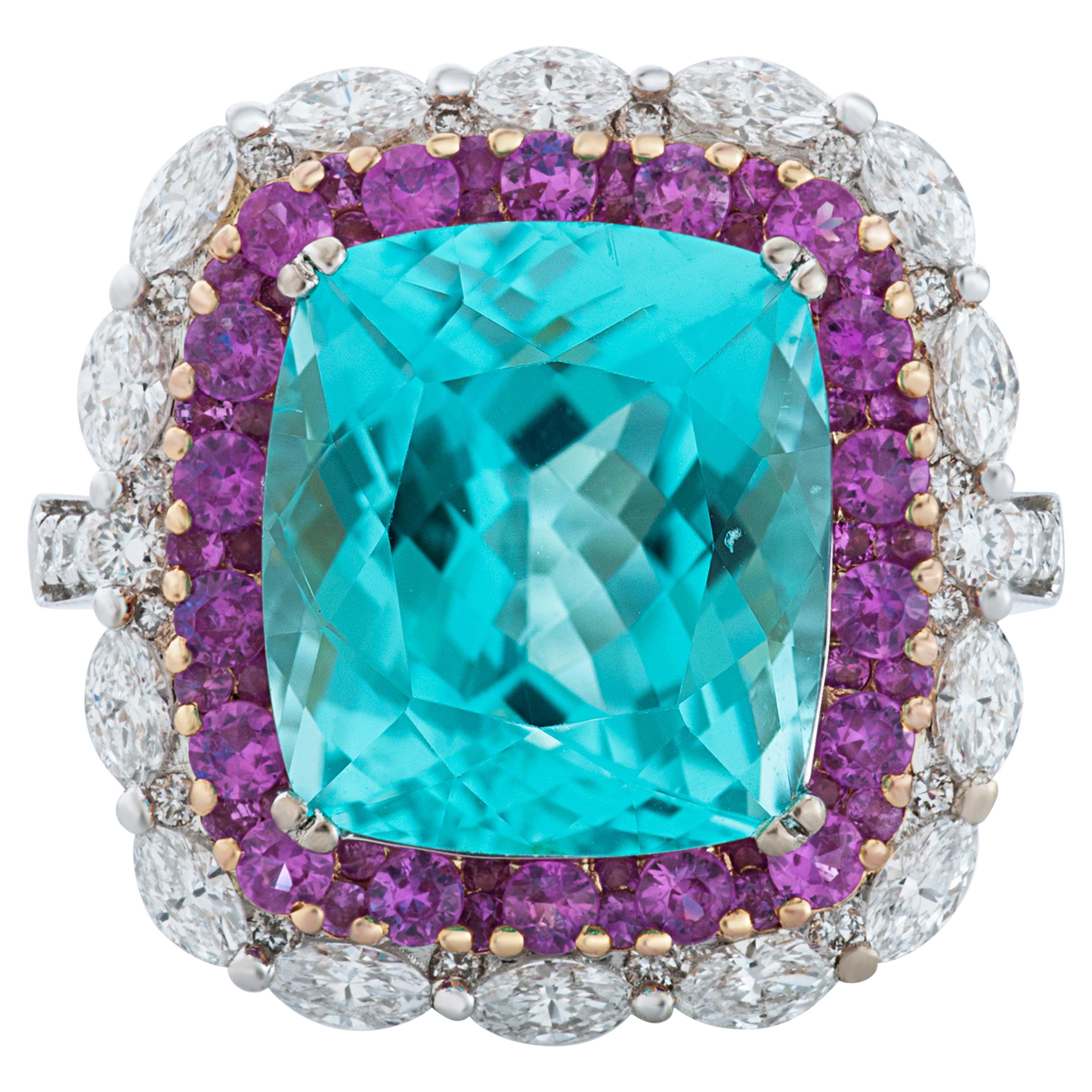 Gregg Ruth Paraiba Tourmaline Ring with Diamonds and Pink Sapphires in 18k Gold