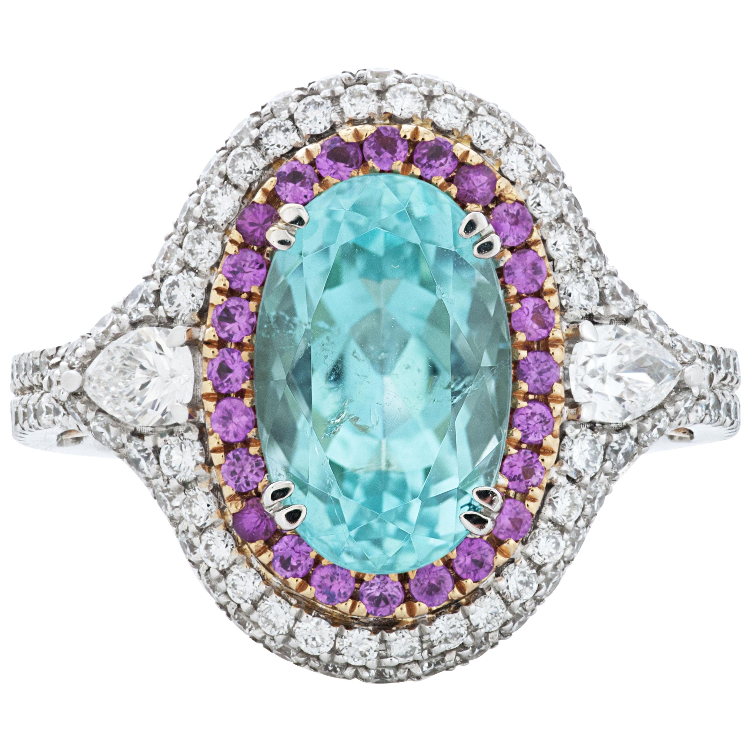 Gregg Ruth Paraiba Tourmaline Ring with Diamonds and Pink Sapphires in 18k Gold For Sale