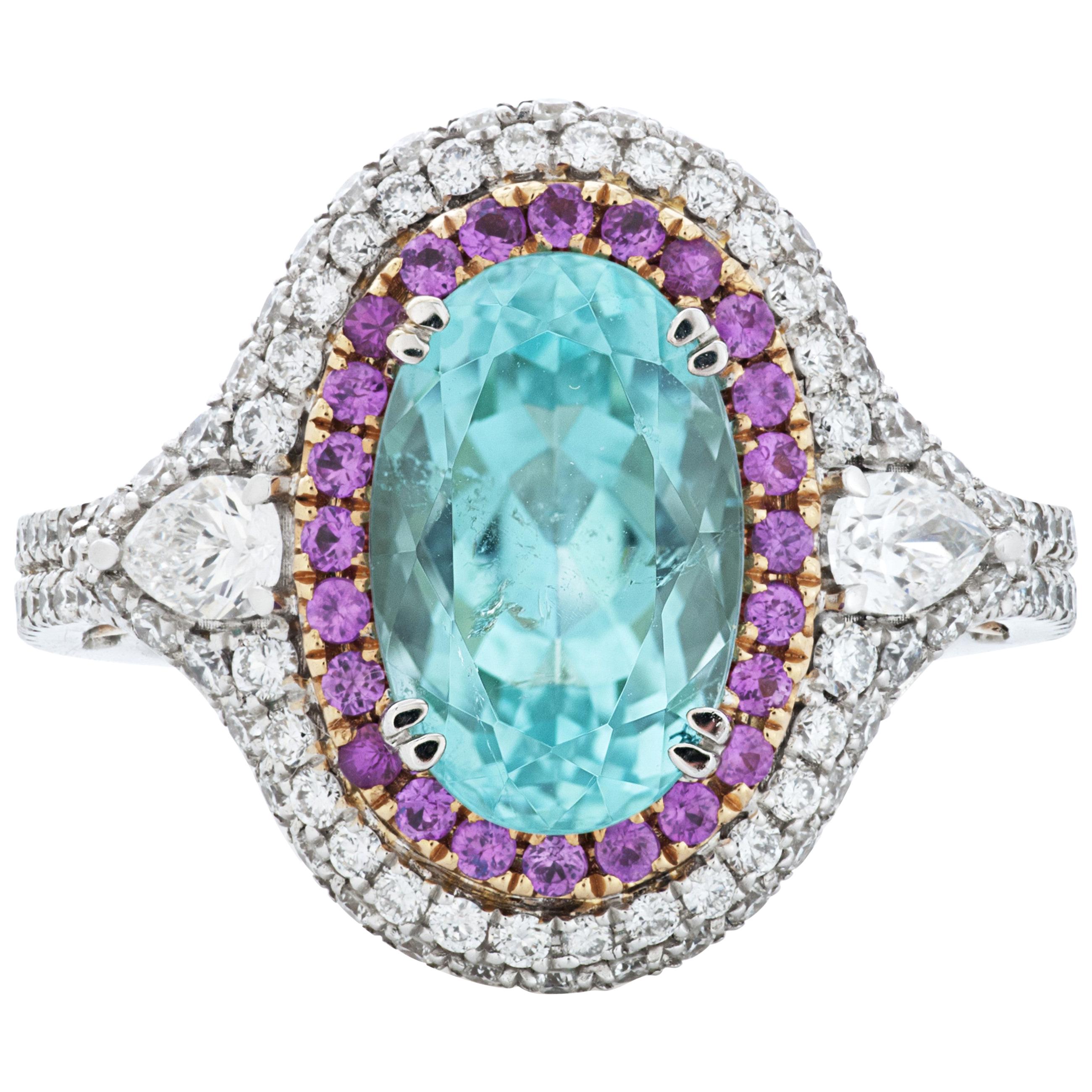 Gregg Ruth Paraiba Turmalin-Ring aus 18 Karat Gold mit Diamanten und rosa Saphiren im Angebot