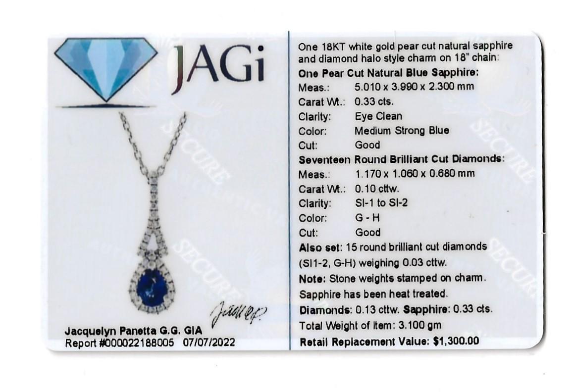 Gregg Ruth Pear Cut Sapphire and Diamond Halo Pendant Necklace in White Gold For Sale 11