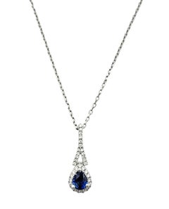 Gregg Ruth Pear Cut Blue Sapphire & Diamond Halo Pendant Necklace 18K White Gold