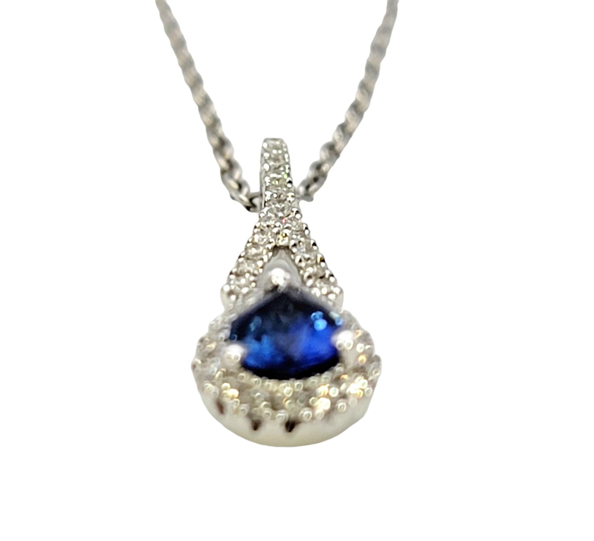 Women's Gregg Ruth Pear Cut Sapphire and Diamond Halo Pendant Necklace in White Gold For Sale