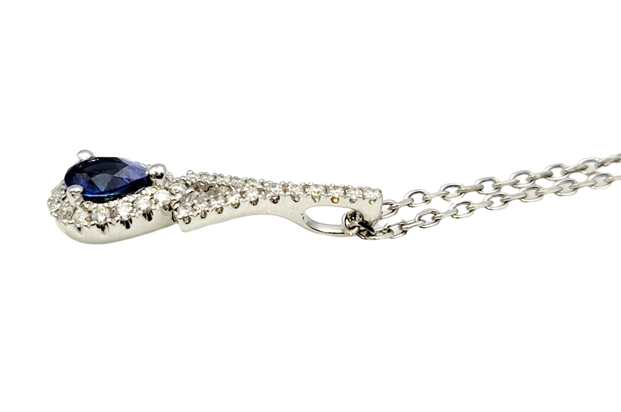 Gregg Ruth Pear Cut Sapphire and Diamond Halo Pendant Necklace in White Gold For Sale 1