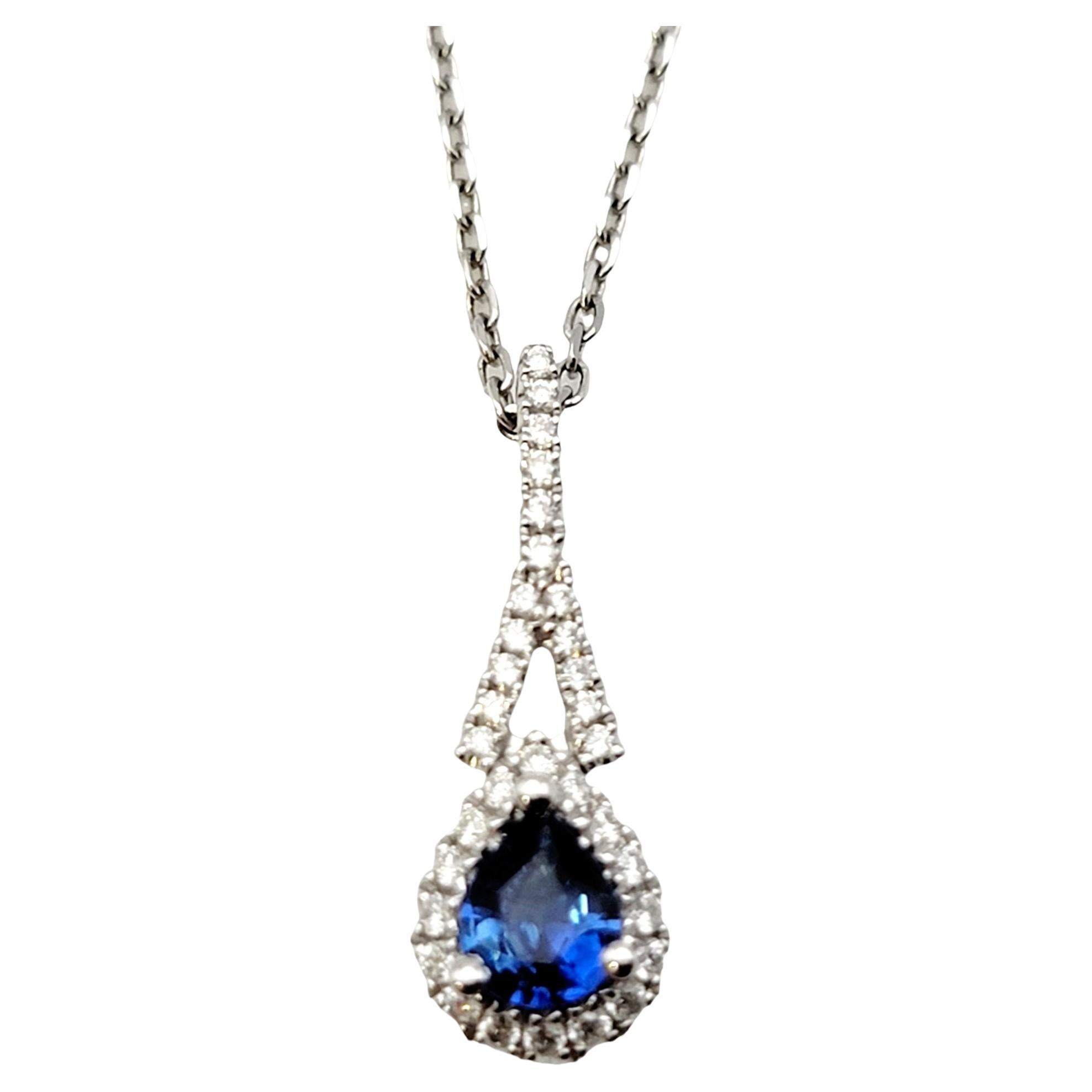 Gregg Ruth Pear Cut Sapphire and Diamond Halo Pendant Necklace in White Gold For Sale