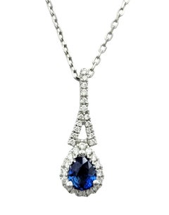 Gregg Ruth Pear Cut Blue Sapphire & Diamond Halo Pendant Necklace 18K White Gold