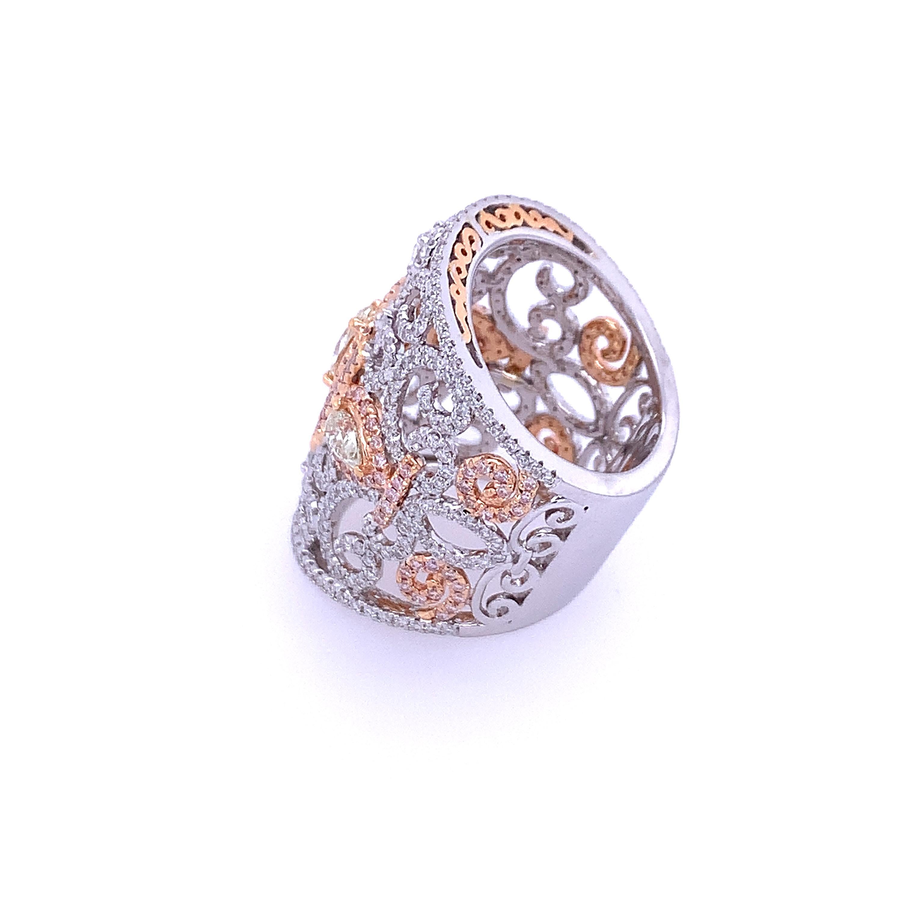 Pear Cut Gregg Ruth Pink and White Diamond Filigree Ring For Sale