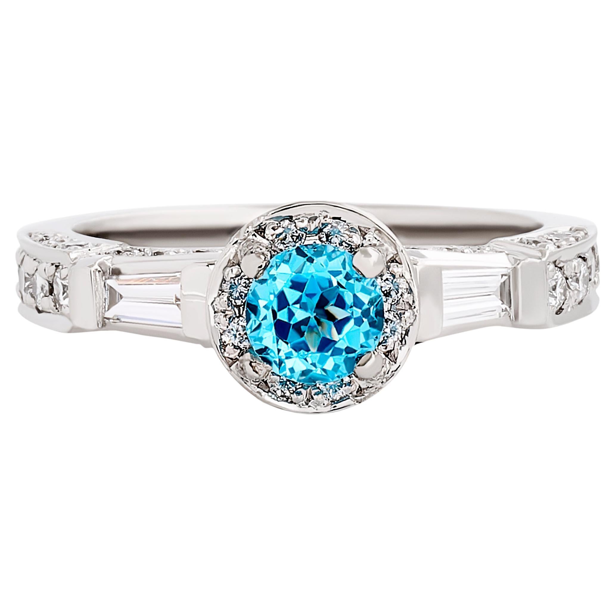 Gregg Ruth Platinum Blue Topaz and Diamond Halo Ring For Sale