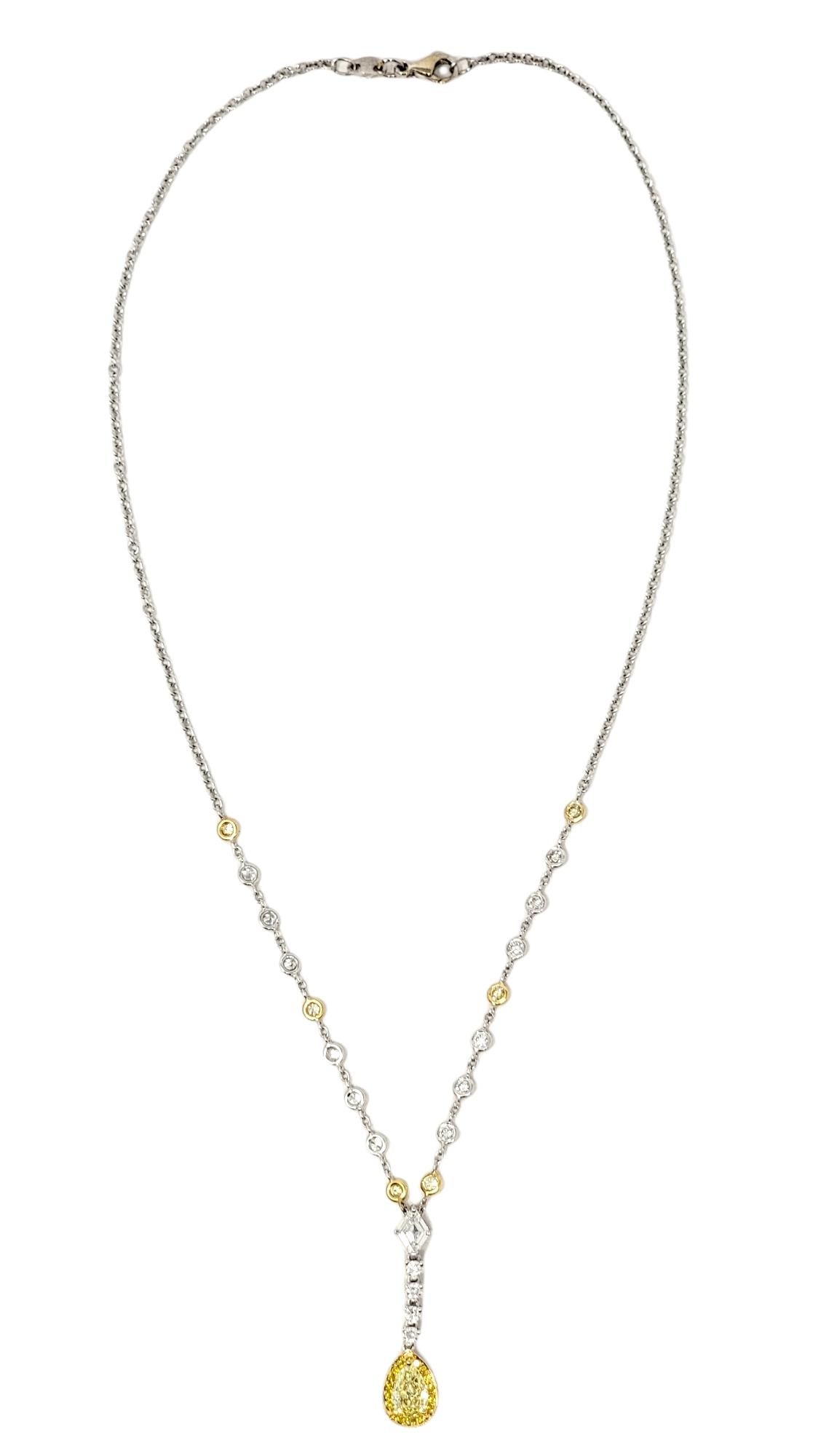 Contemporary Gregg Ruth Yellow and White Diamond Station Drop Necklace Two-Tone 18 Karat Gold For Sale