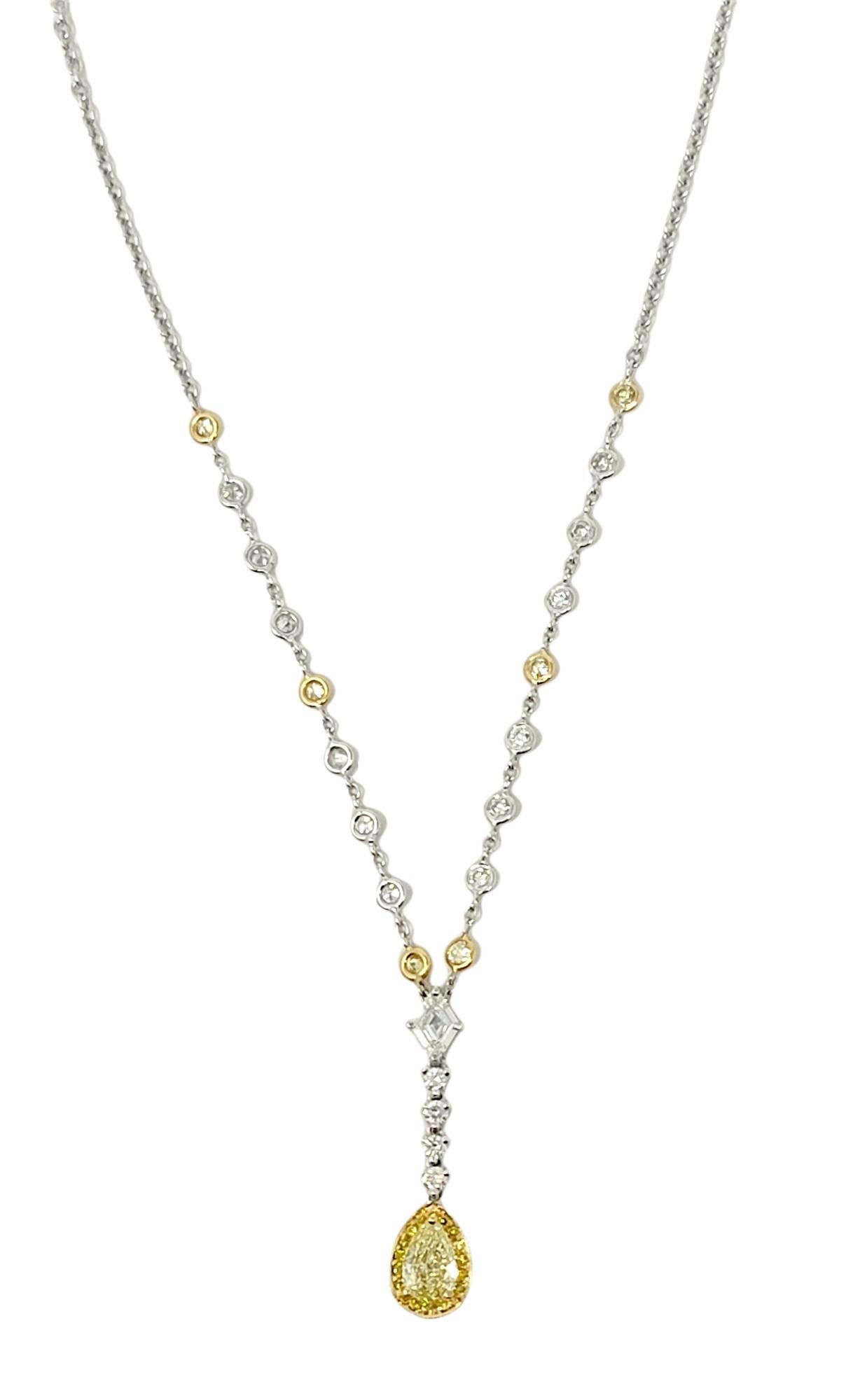 Pear Cut Gregg Ruth Yellow and White Diamond Station Drop Necklace Two-Tone 18 Karat Gold For Sale
