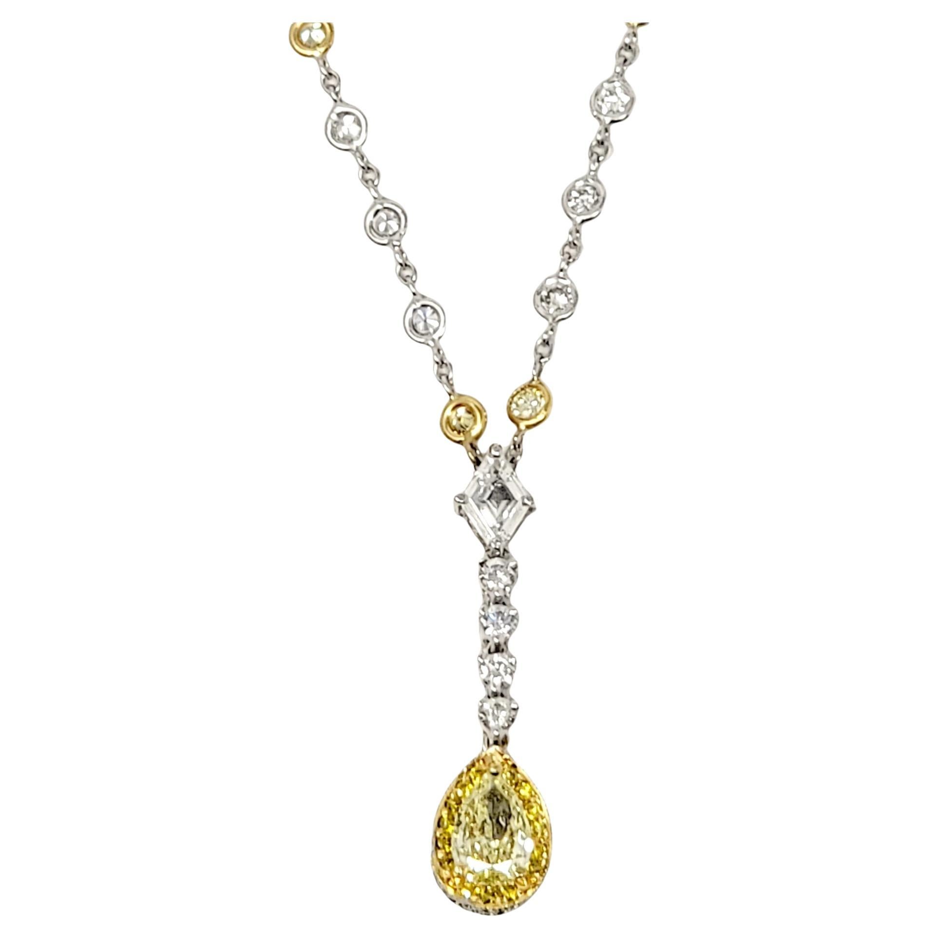 Gregg Ruth Yellow and White Diamond Station Drop Necklace Two-Tone 18 Karat Gold For Sale
