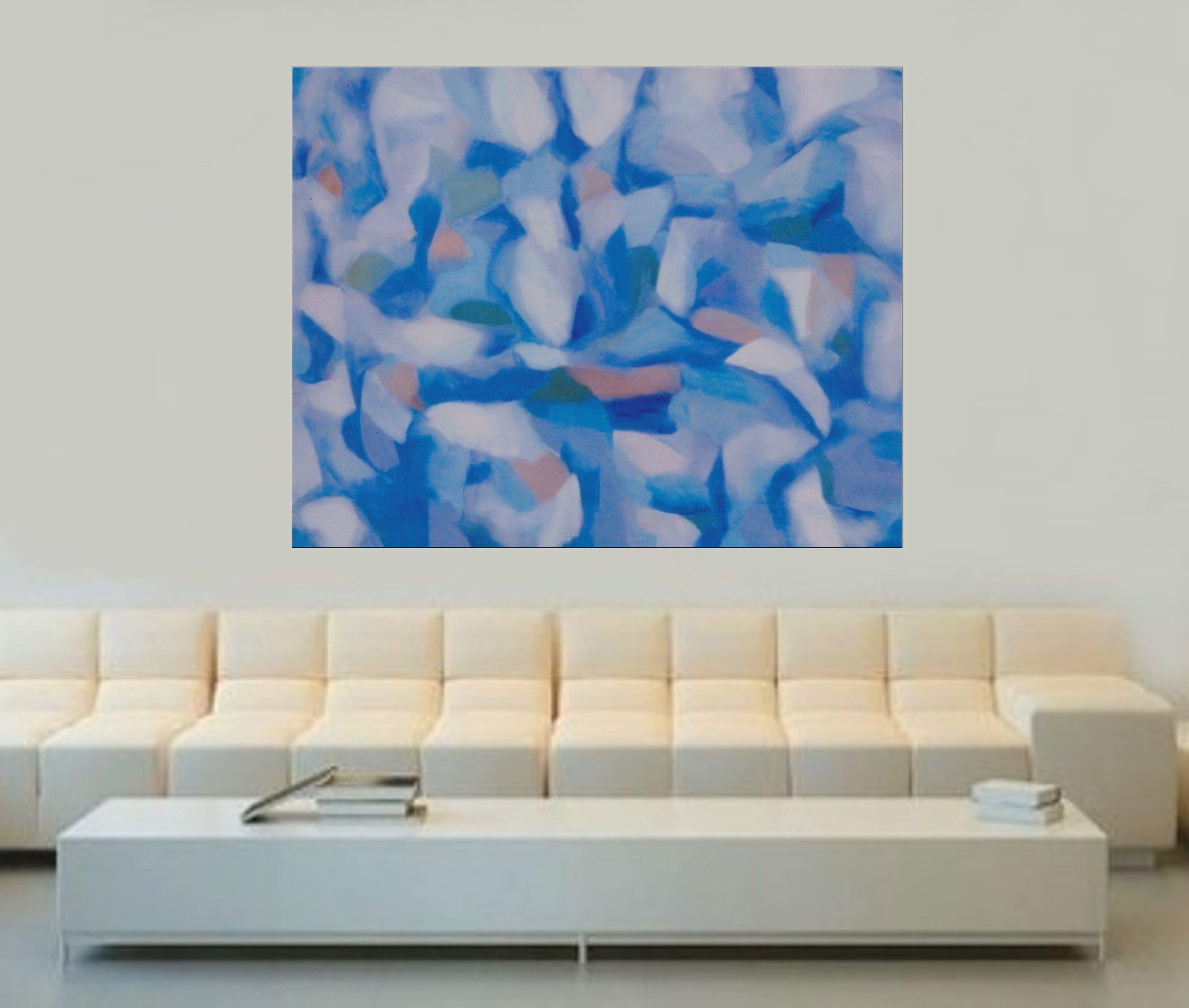 A mosaic of cool blue and cream designates this work as highly decorative,  one with a strong geometry which is permanent, yet soft and undulating.  :: Painting :: Abstract :: This piece comes with an official certificate of authenticity signed by