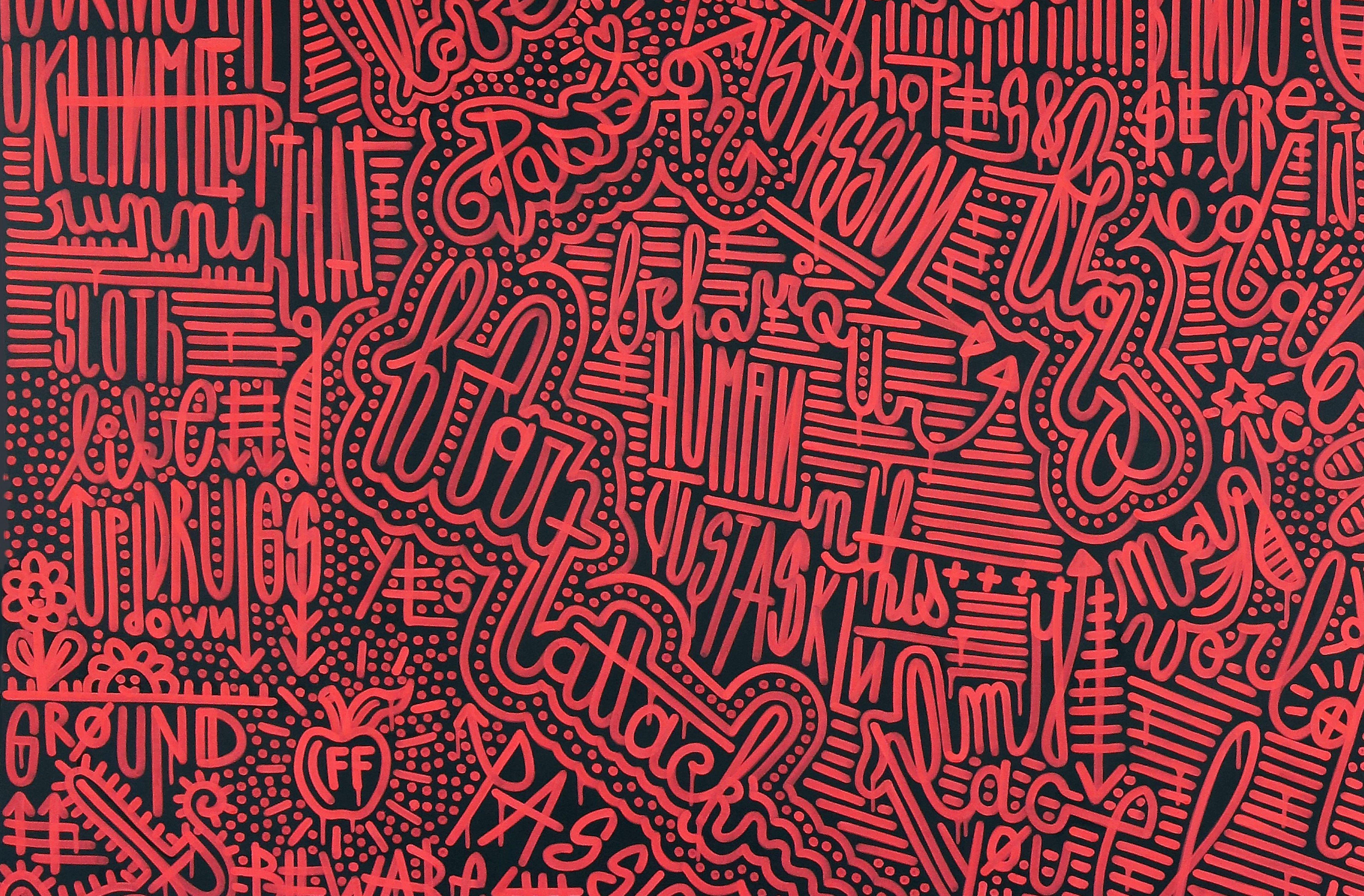 The paintings and sculptures that I am creating at the moment are very colorful and full of words that intertwine to form a central message. I still use codes and hidden messages as I have always done since my beginnings. There is always a very