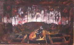 French Surrealist Theater Stage Design Large Gouache Painting