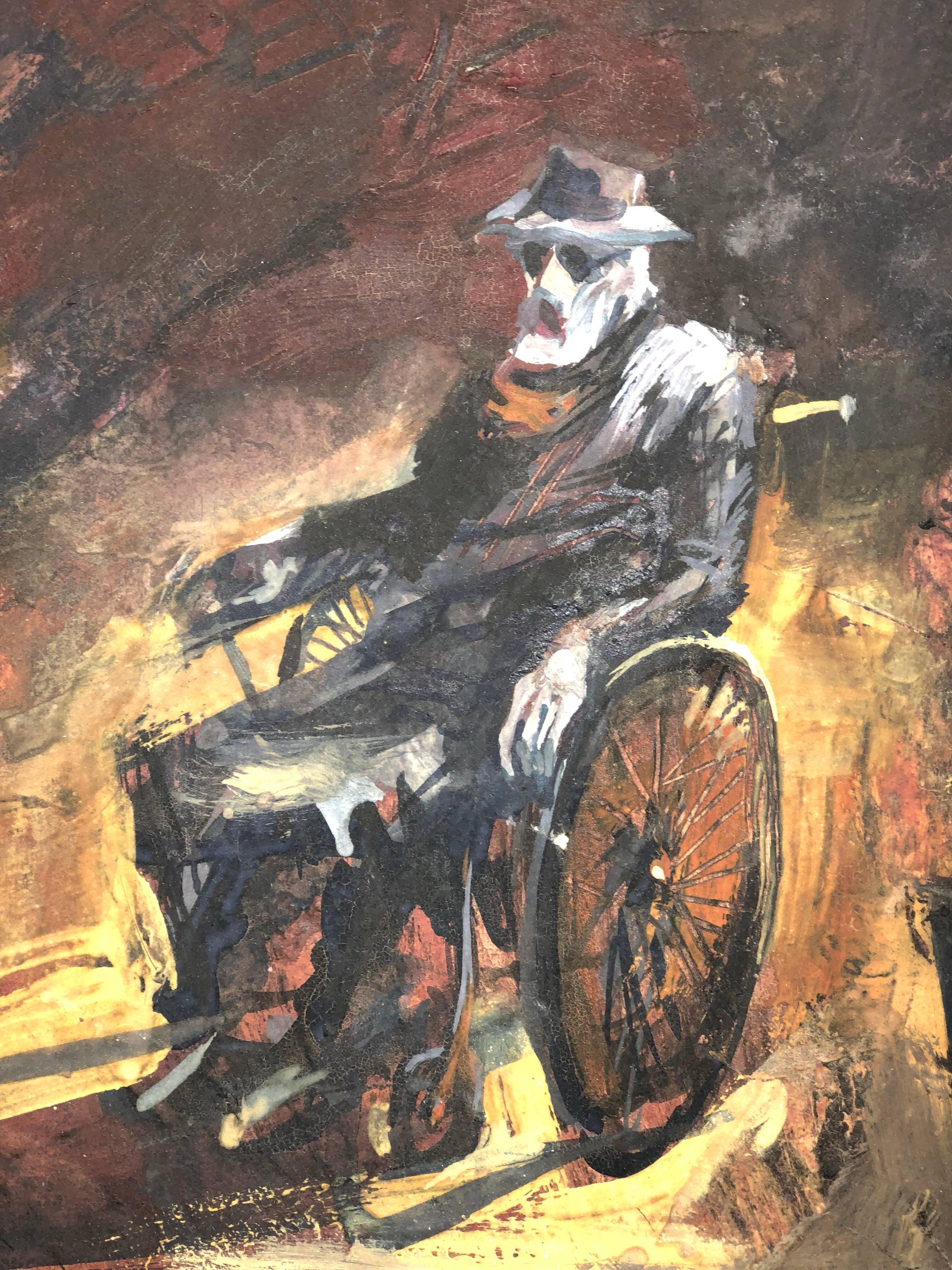 This is for a French Avant garde theatre stage design. it depicts a man in sunglasses , coat and scarf in a wheelchair. (Eugene Ionesco)
Grégoire Michonze (1902–1982) (variant name Grégoire Michonznic, Romanian: Григо́рий Мишо́нзник Grogórij