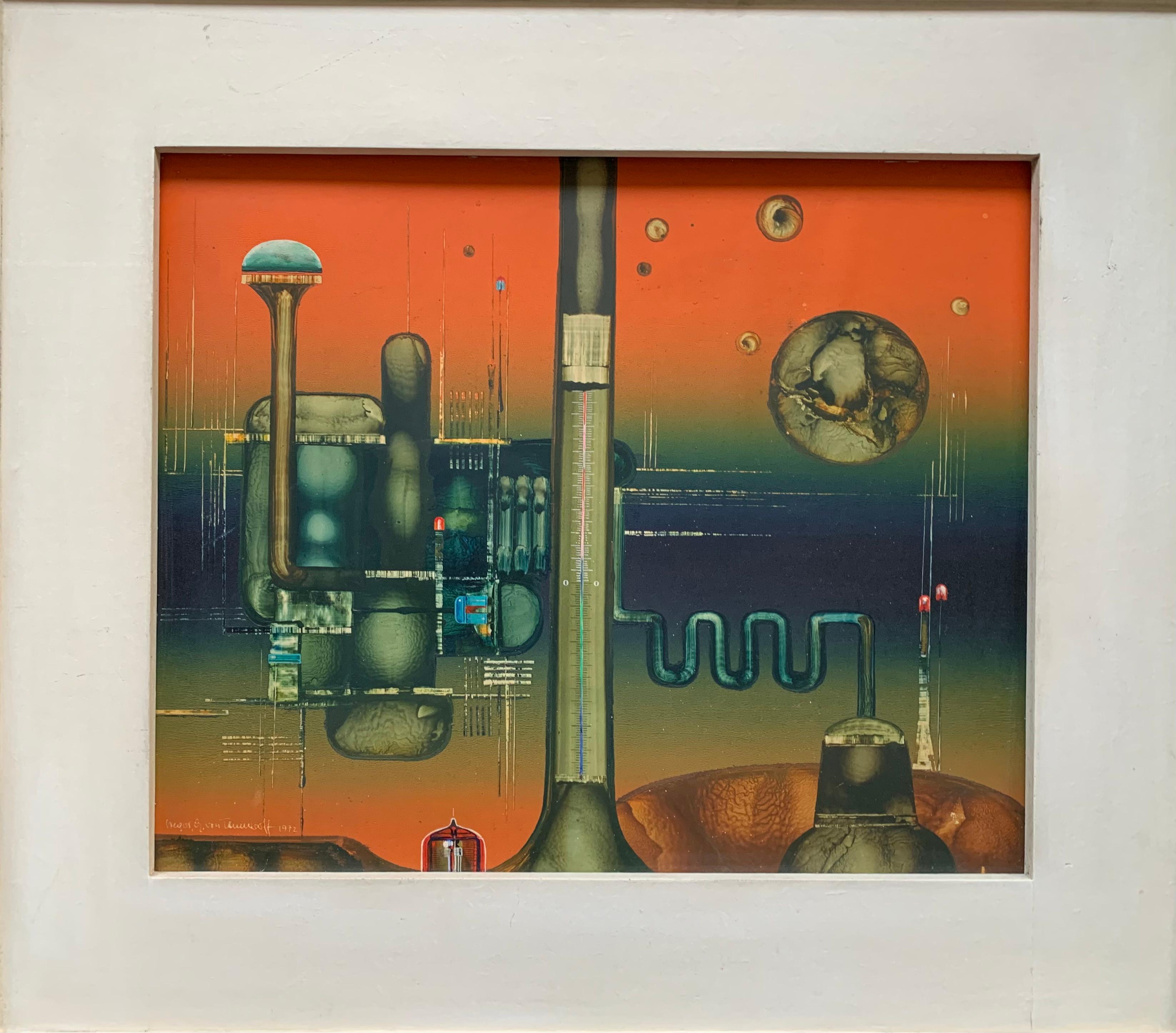 Pianeti, satelliti ed una citta nello spazio. - Surrealist Painting by Gregor A. Vogt-Tamaroff