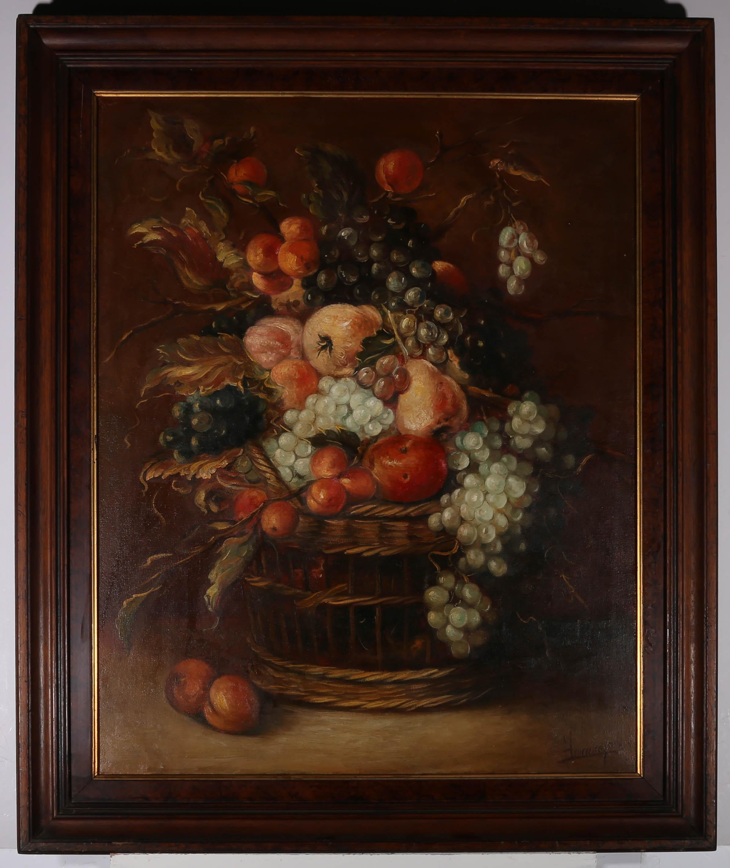 A striking mid Century oil still life showing a wicker basket overflowing with an abundance of juicy fruit, including pears, apricots, peaches and grapes. The artist has signed to the lower right corner and the painting has been presented in a