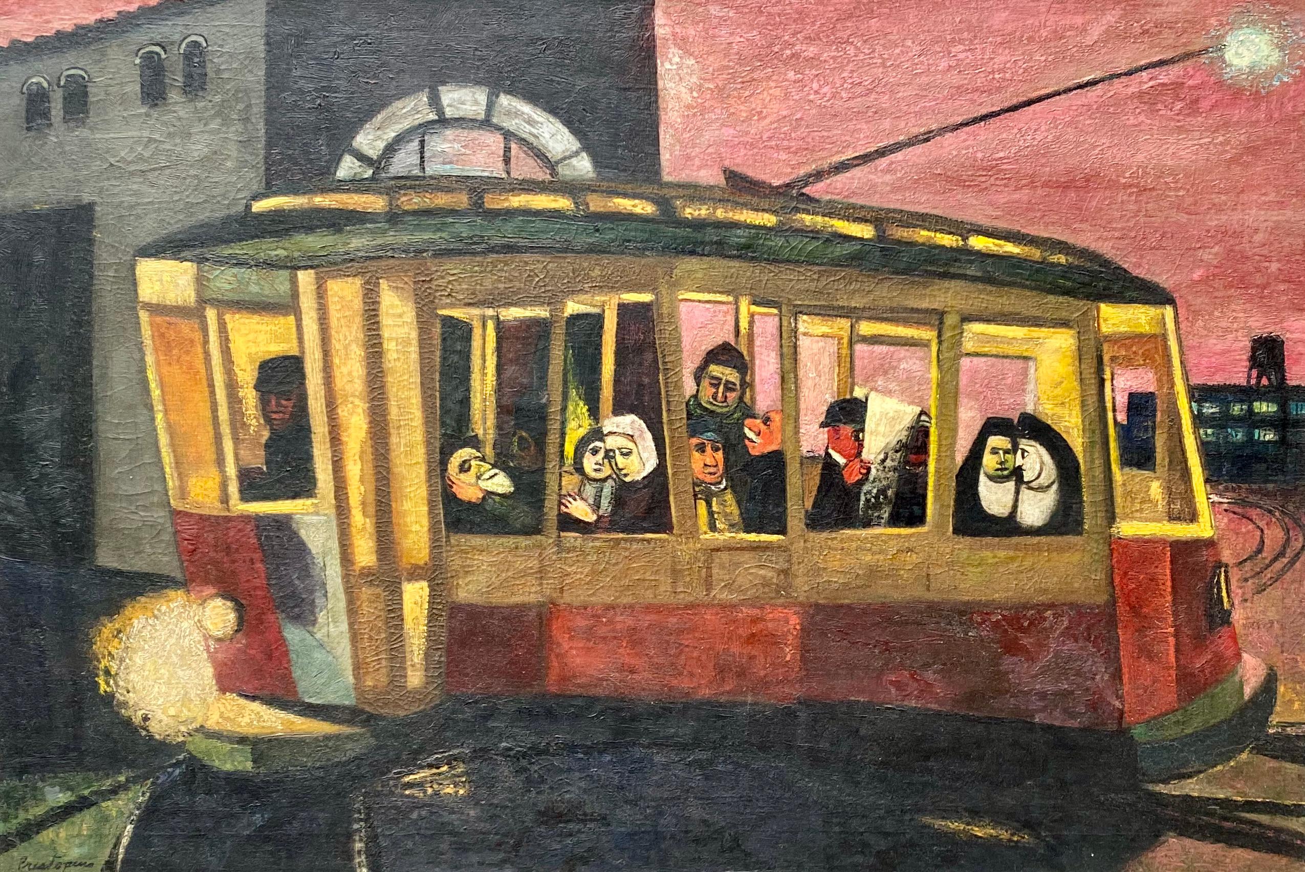 Gregorio Prestopino Figurative Painting - "NYC Trolley" American Modernism WPA Mid-Century Transit Scene Realism Cityscape