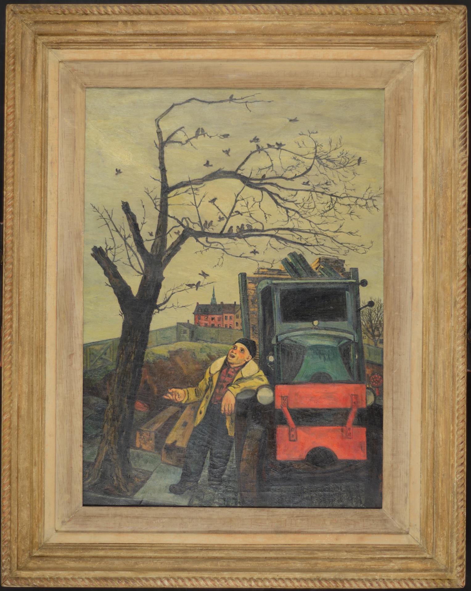 This work epitomizes Prestopino's interest in social realism which captures a quiet interlude in the everyday life of an "everyman." It also provides a contrast for our expectations as we view a tough, blue collar worker, with no one watching, as he