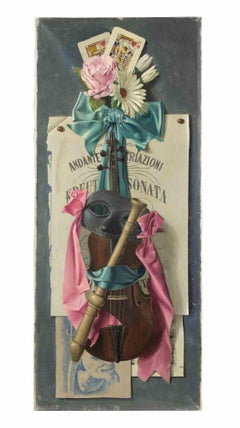 Violine und Blumen – Ölgemälde von Gregorio Sciltian – Mitte des 20. Jahrhunderts