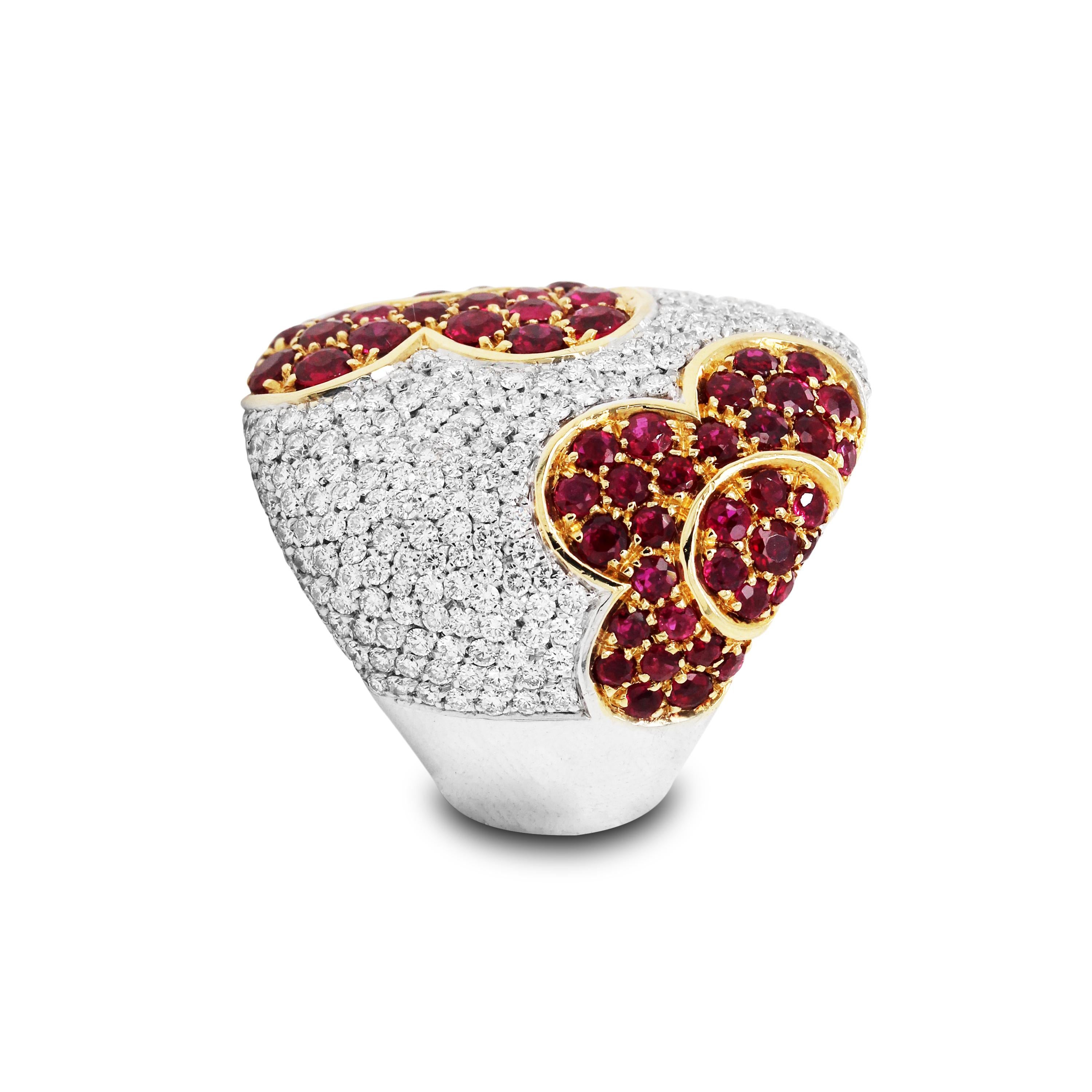 Gregorio Signed Ruby Diamond 18K White Yellow Gold Floral Flower Wide Dome Ring

Rubys are all set in yellow gold and diamonds are set in white gold

5.94 carat apprx. Ruby total weight
1.76 carat G color, VS clarity diamonds total weight

Ring face