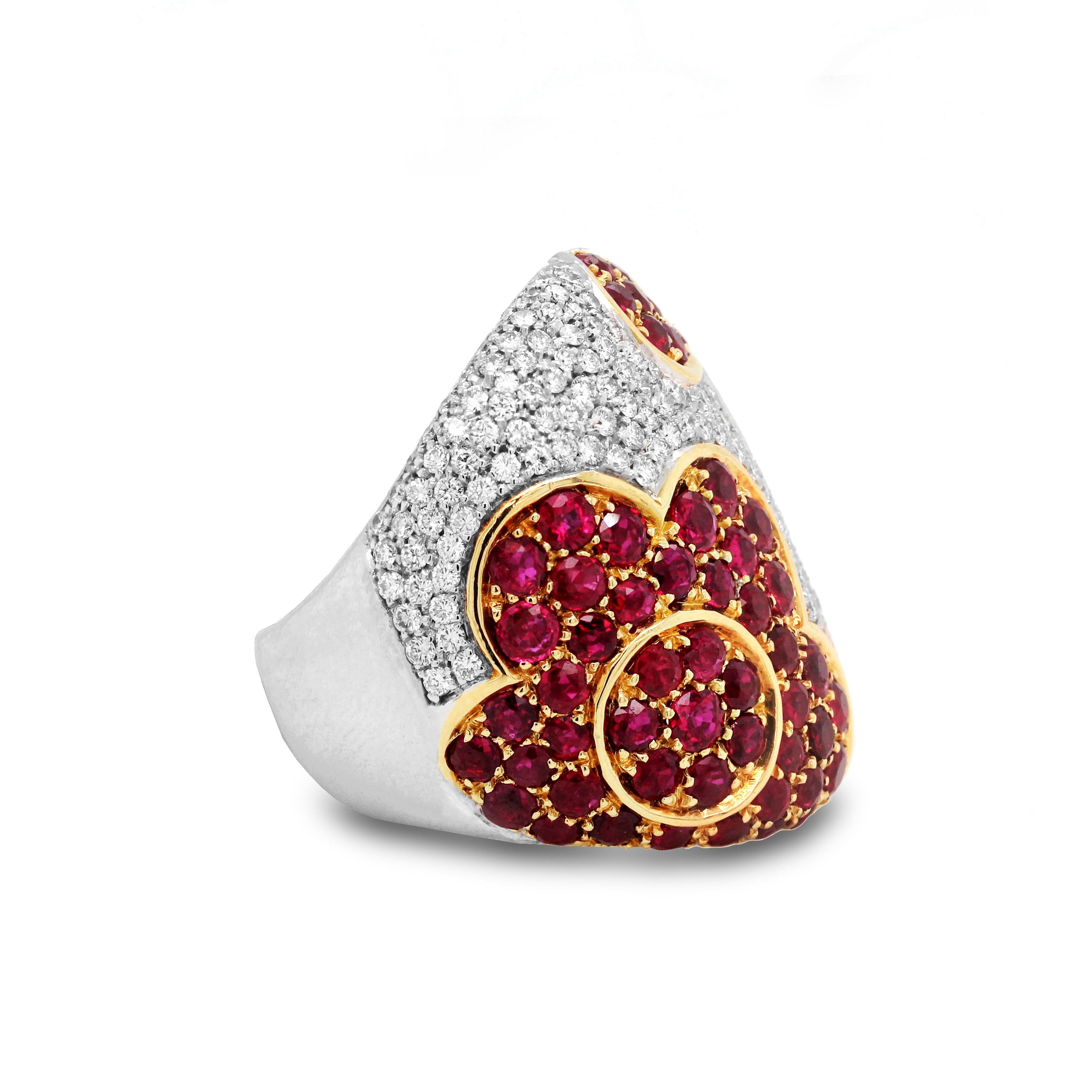 Contemporary Gregorio Signed Ruby Diamond 18K White Yellow Gold Floral Flower Wide Dome Ring