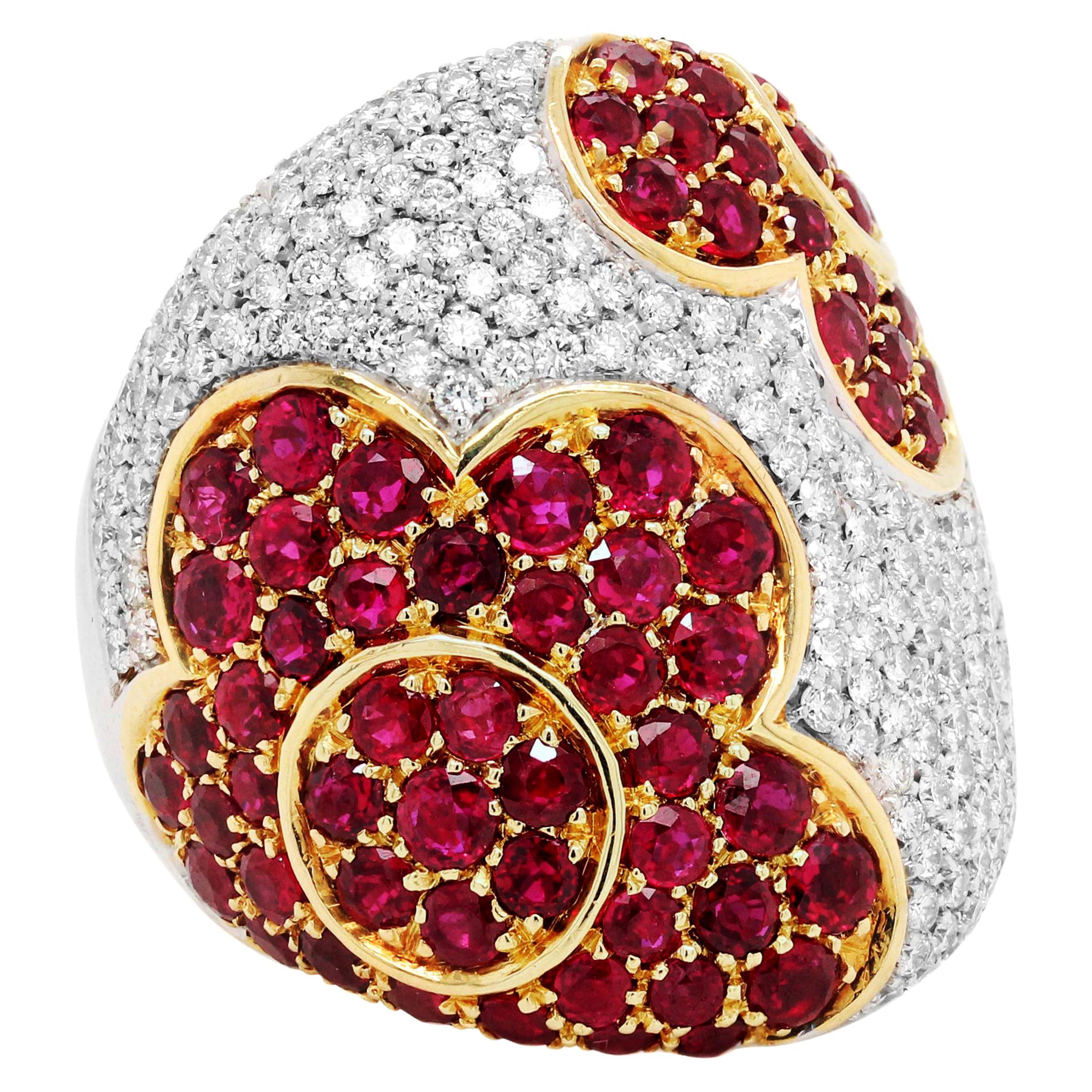 Gregorio Signed Ruby Diamond 18K White Yellow Gold Floral Flower Wide Dome Ring