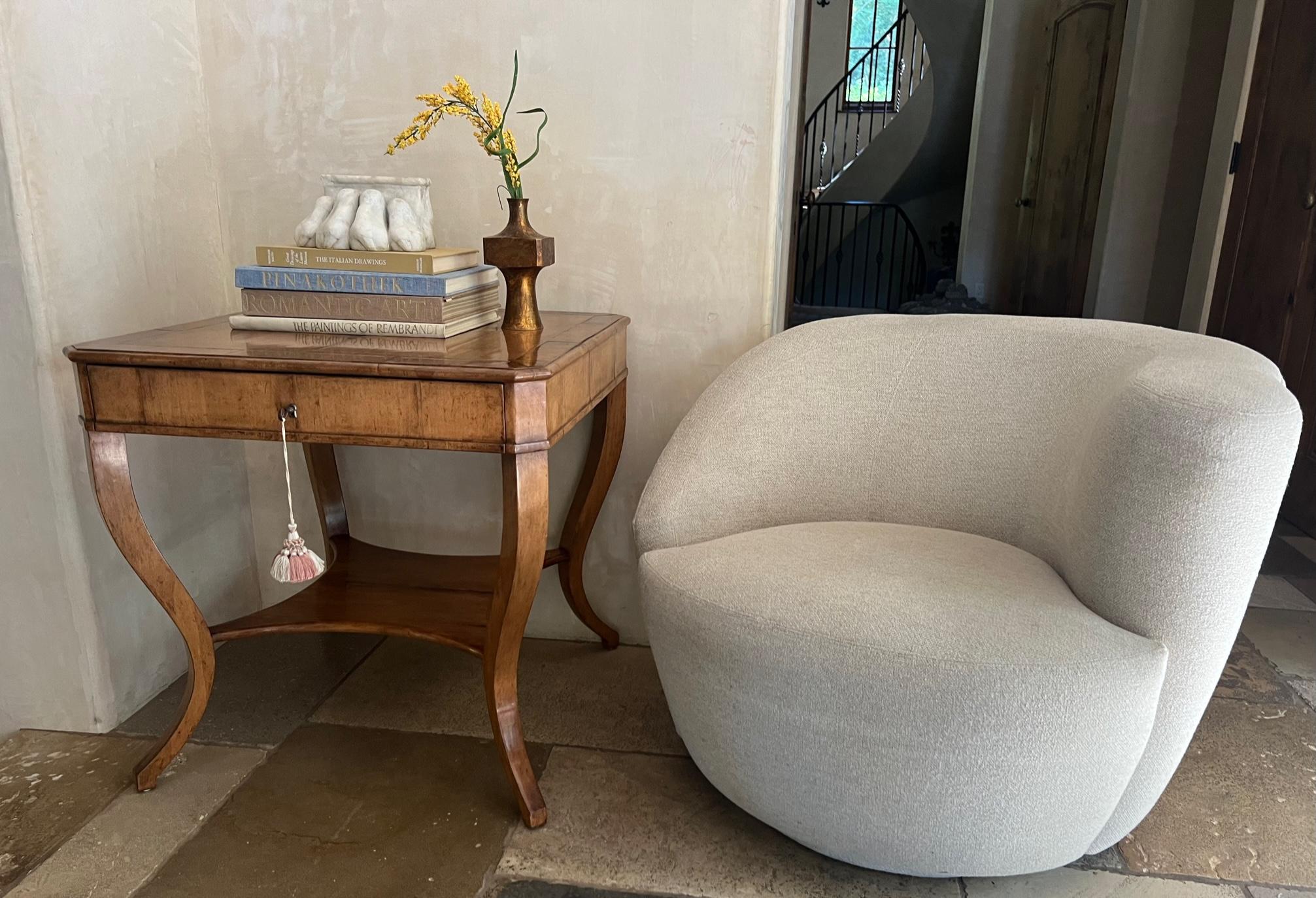 Biedermeier style square end table by Gregorius Pineo. The table made of oak and walnut has a planked top with borders, a wide single drawer and undershelf.