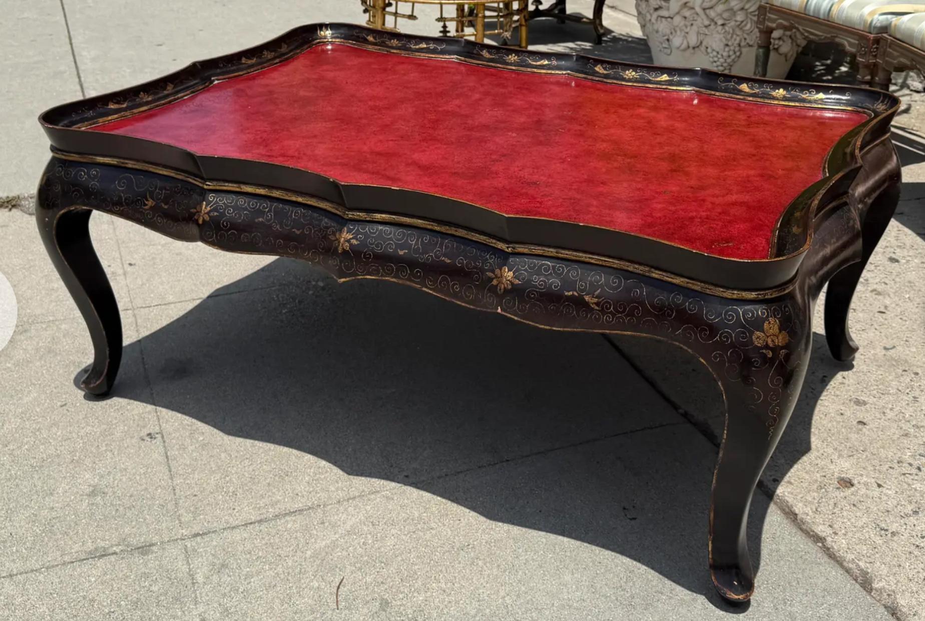 Gregorius Pineo Chinoiserie Coffee Cocktail Table W Red Leather Top In Good Condition For Sale In LOS ANGELES, CA