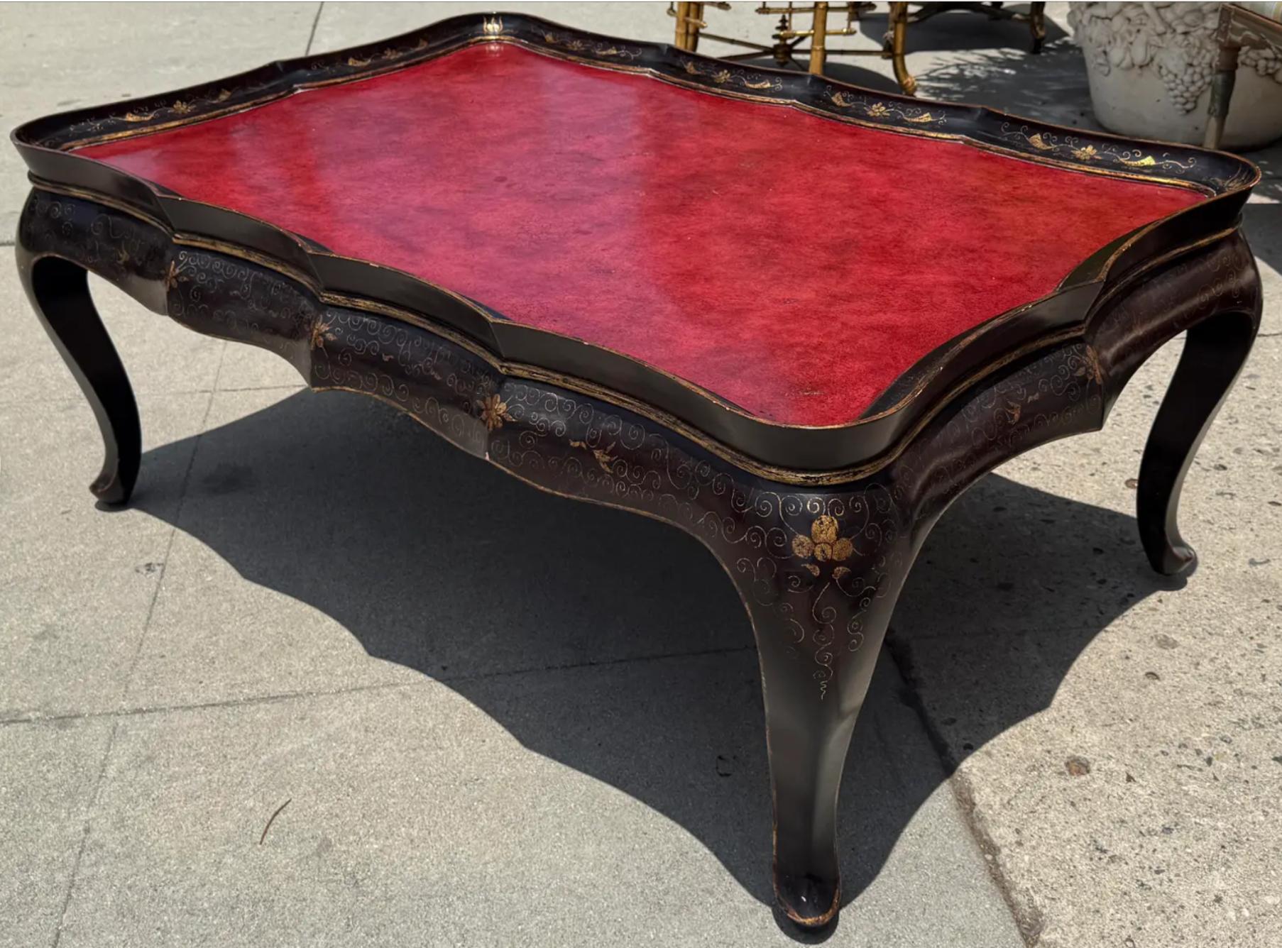 Late 20th Century Gregorius Pineo Chinoiserie Coffee Cocktail Table W Red Leather Top For Sale