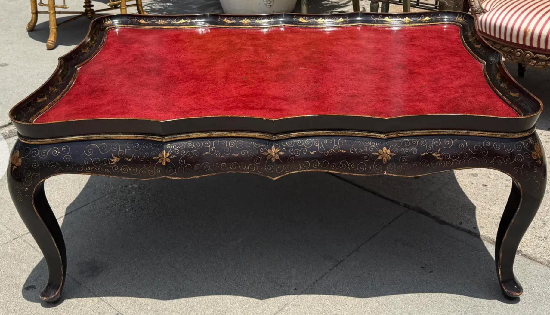 Gregorius Pineo Chinoiserie Coffee Cocktail Table W Red Leather Top For Sale 1