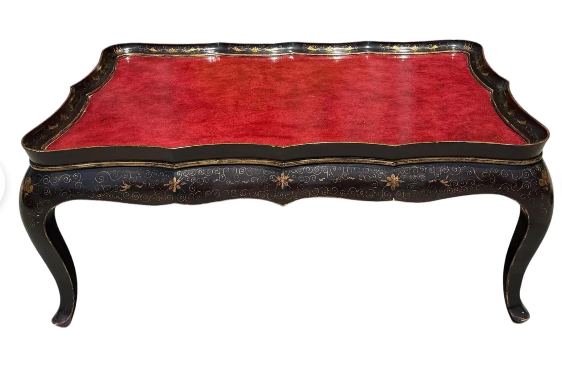 Gregorius Pineo Chinoiserie Coffee Cocktail Table W Red Leather Top For Sale 2