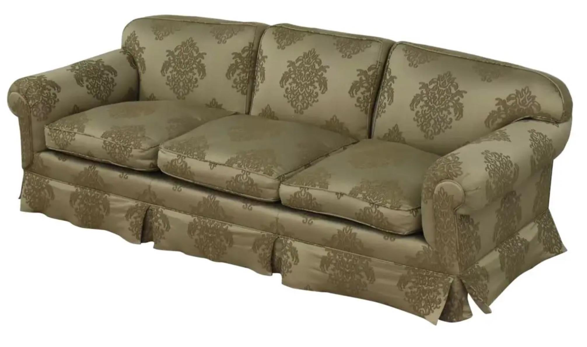 Modern Gregorius Pineo Damask Upholstered Olive Green Roll Arm Sofa Settee