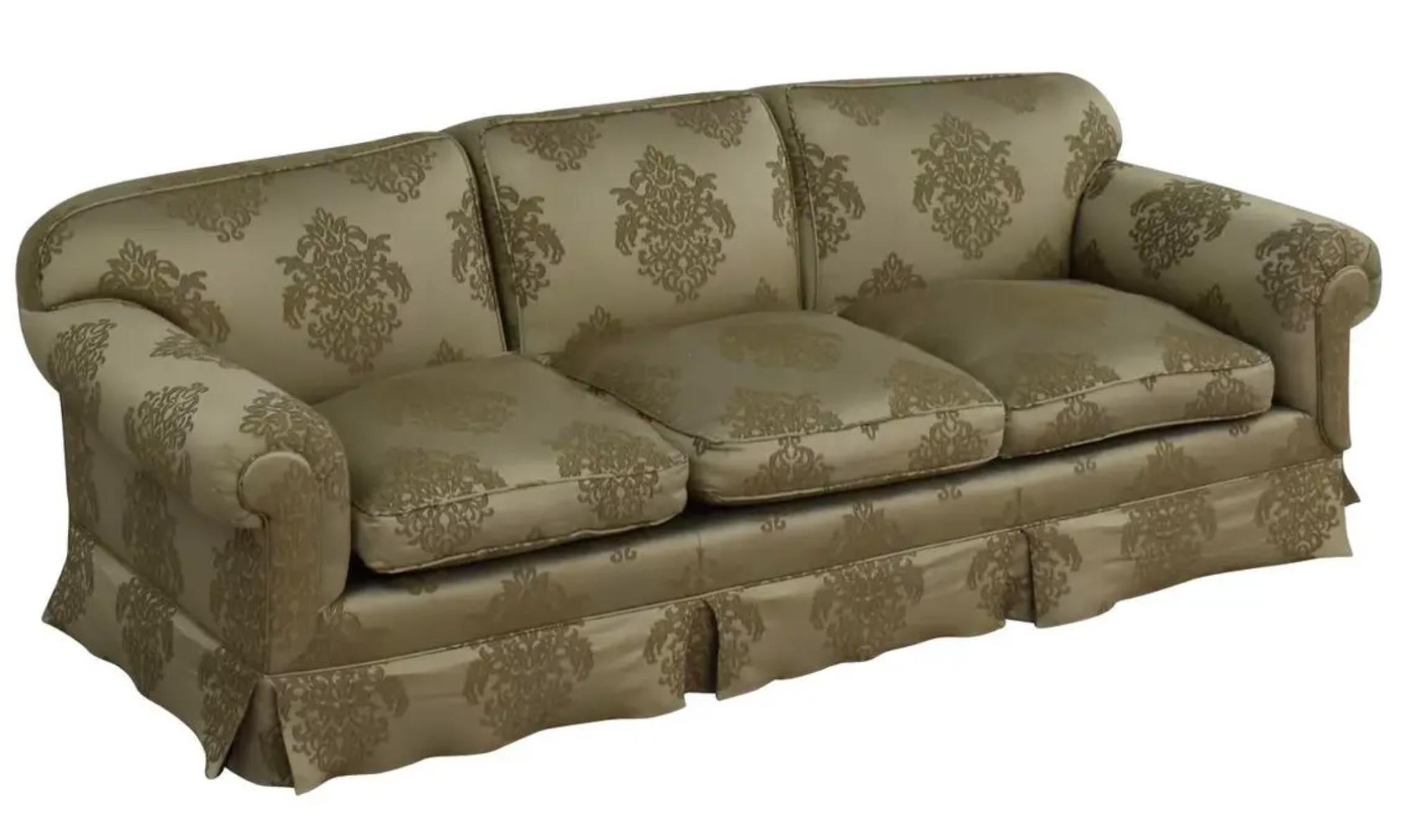 American Gregorius Pineo Damask Upholstered Olive Green Roll Arm Sofa Settee