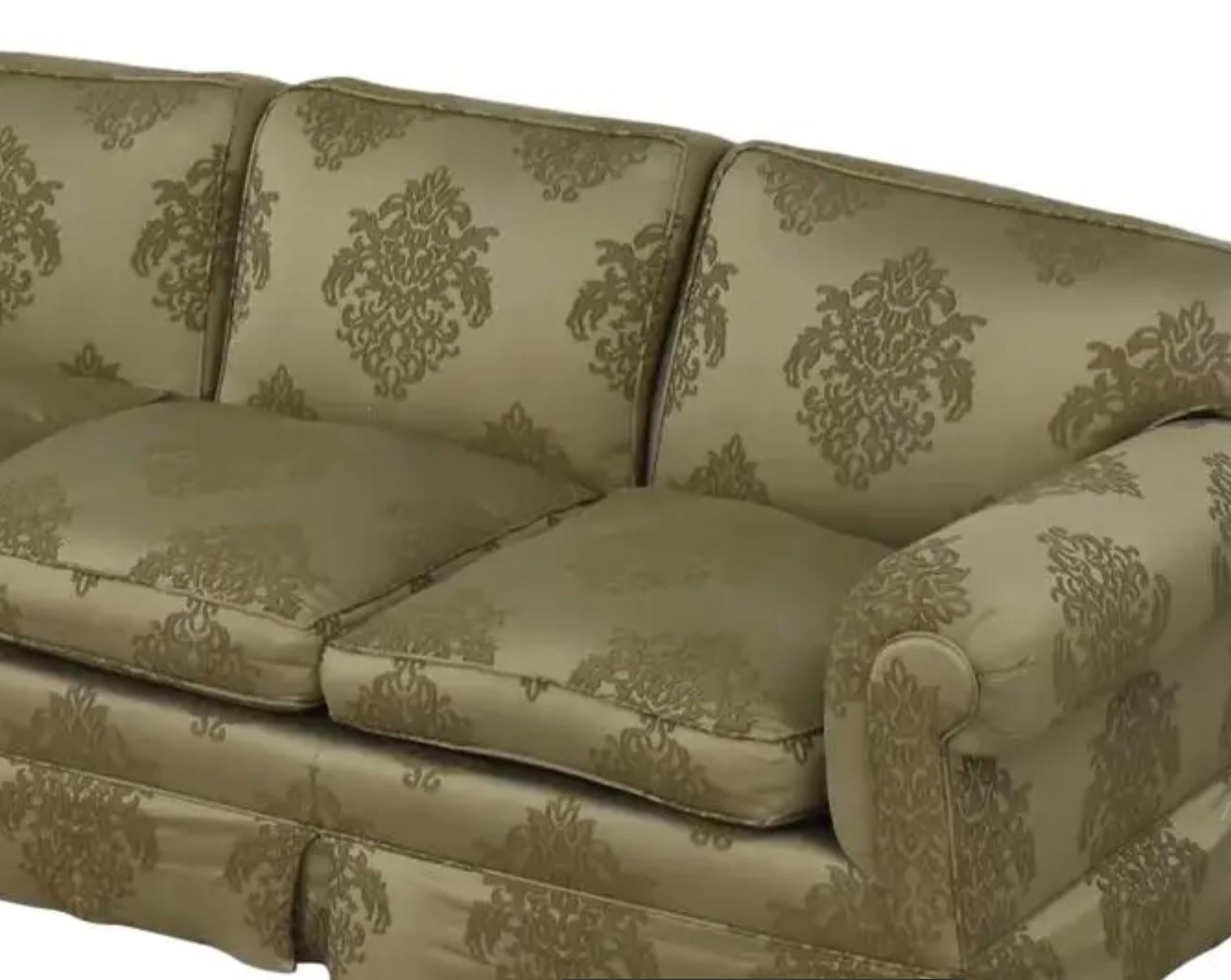 Gregorius Pineo Damask Upholstered Olive Green Roll Arm Sofa Settee In Good Condition In LOS ANGELES, CA