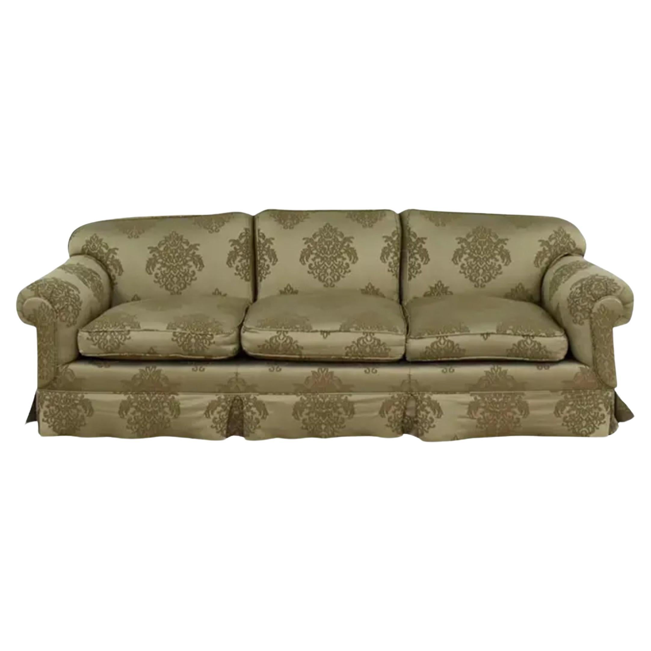 Gregorius Pineo Damask Upholstered Olive Green Roll Arm Sofa Settee