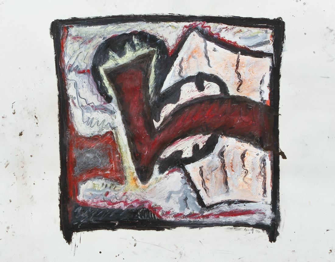 Gregory Amenoff (Contemporary American abstract painter, b. 1948),  No Relief, 1981, oil paint, mixed media on paper, pencil signed, titled, and dated 8/81 (August 1981). image 19 x 20 inches , sheet size 22.5
