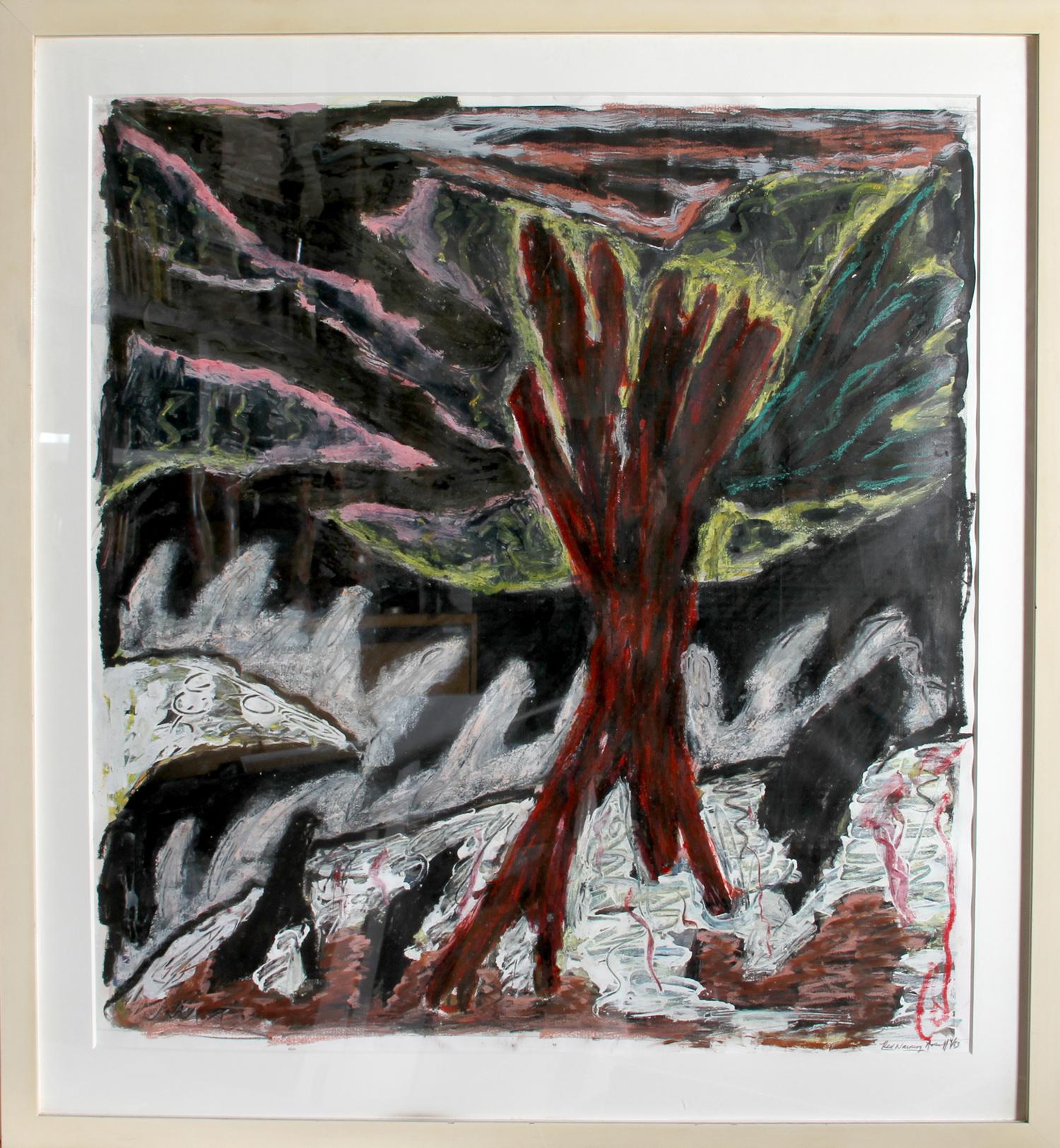 Red Warning, pittura surrealista a tecnica mista su carta di Gregory Amenoff