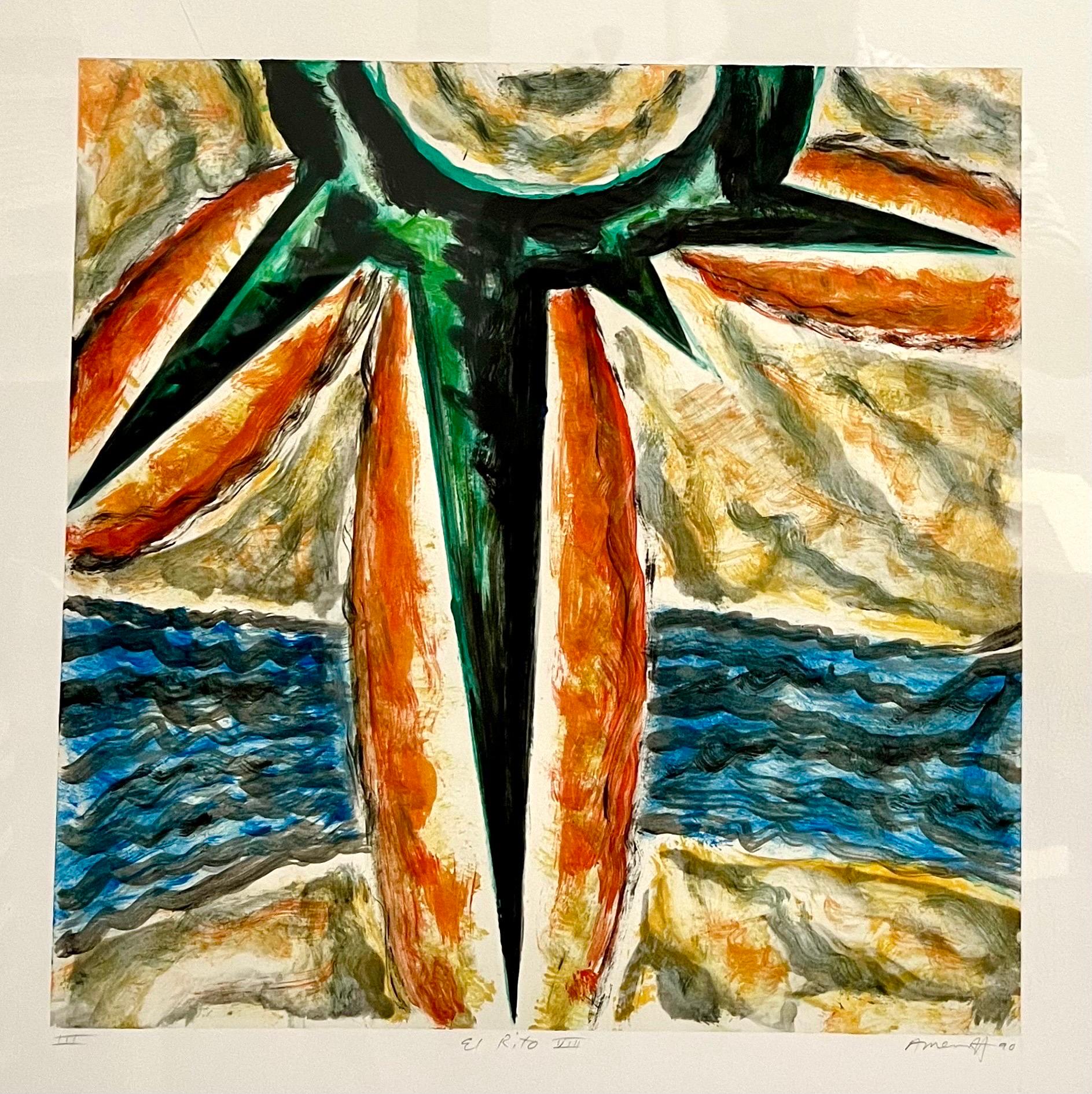Gregory Amenoff (zeitgenössischer amerikanischer abstrakter Maler, geb. 1948),  
Monotypie Monoprint (1990)
Handsigniert mit Bleistift unten rechts
Platte: 16 x 16 Zoll
Abmessungen des Rahmens: 35 1/8 x 29 1/8 x 1 5/8 Zoll, Holzrahmen mit