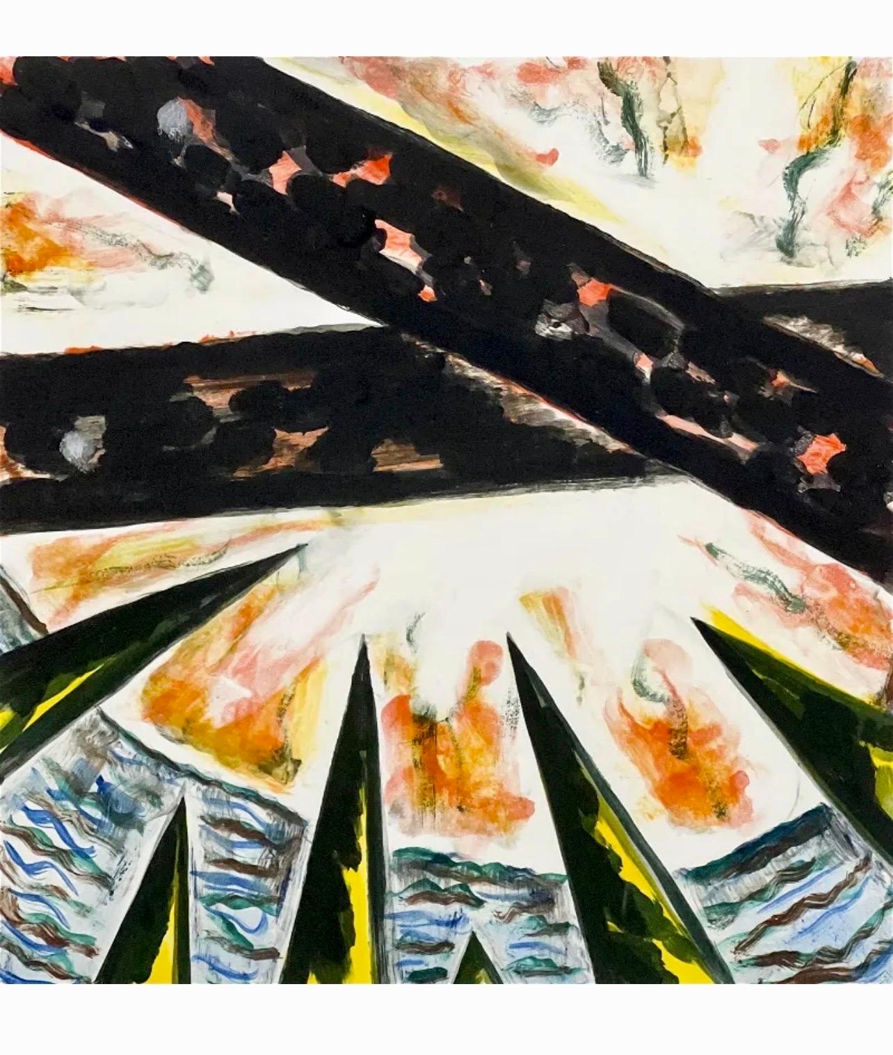 Gregory Amenoff (zeitgenössischer amerikanischer abstrakter Maler, geb. 1948),  
Monotypie Monoprint (1990)
Handsigniert mit Bleistift unten rechts
Platte: 16 x 16 Zoll
Abmessungen des Rahmens: 35 1/8 x 29 1/8 x 1 5/8 Zoll, Holzrahmen mit