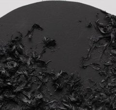 Tabasco series: signed black abstract round circular painting w/ feathers