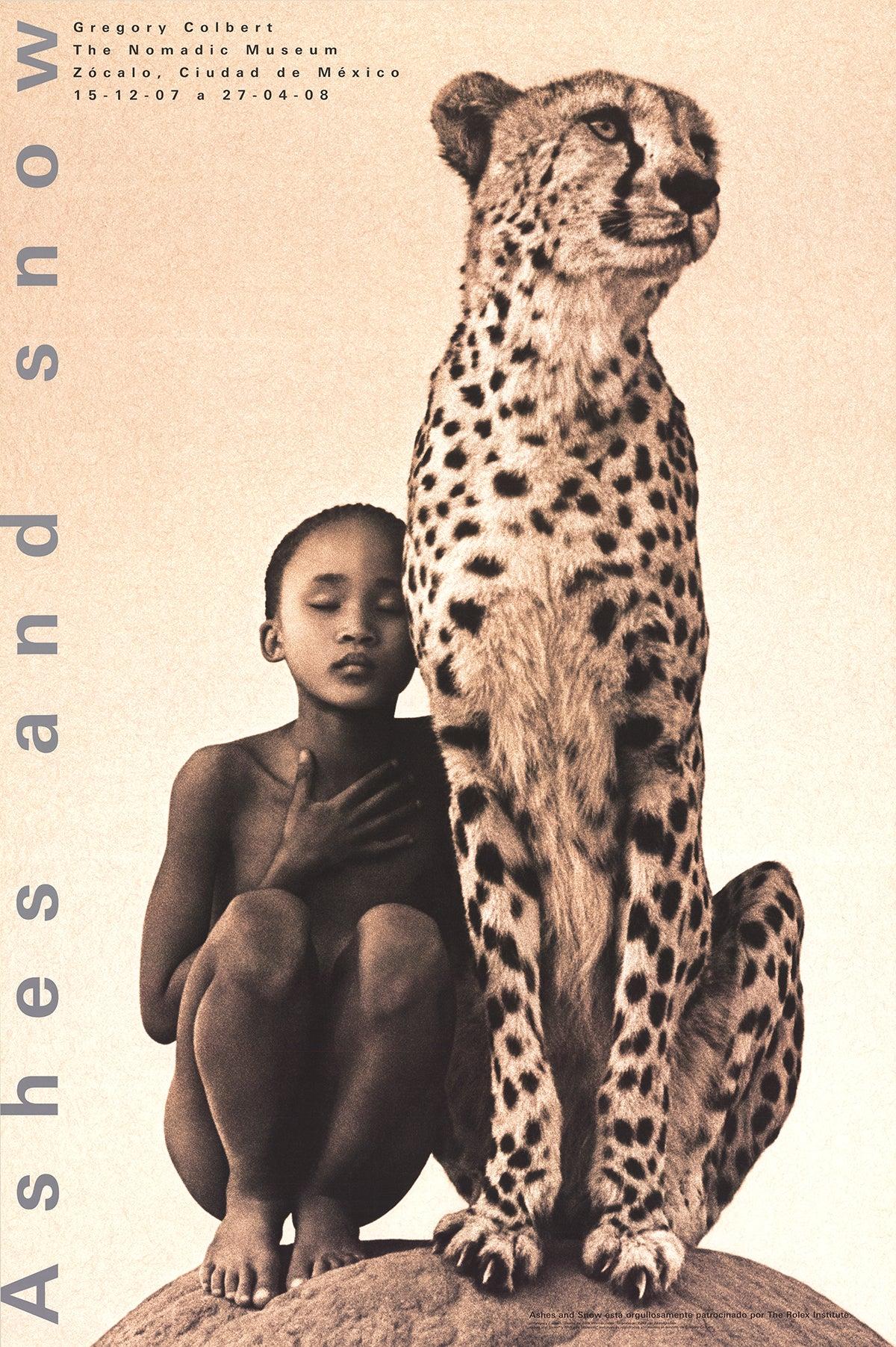 "Child with Cheetah, Mexico City" is a reproduction of a captivating photograph by Gregory Colbert, known for his profound and poetic depictions of the interactions between humans and animals. This piece was part of his larger body of work displayed