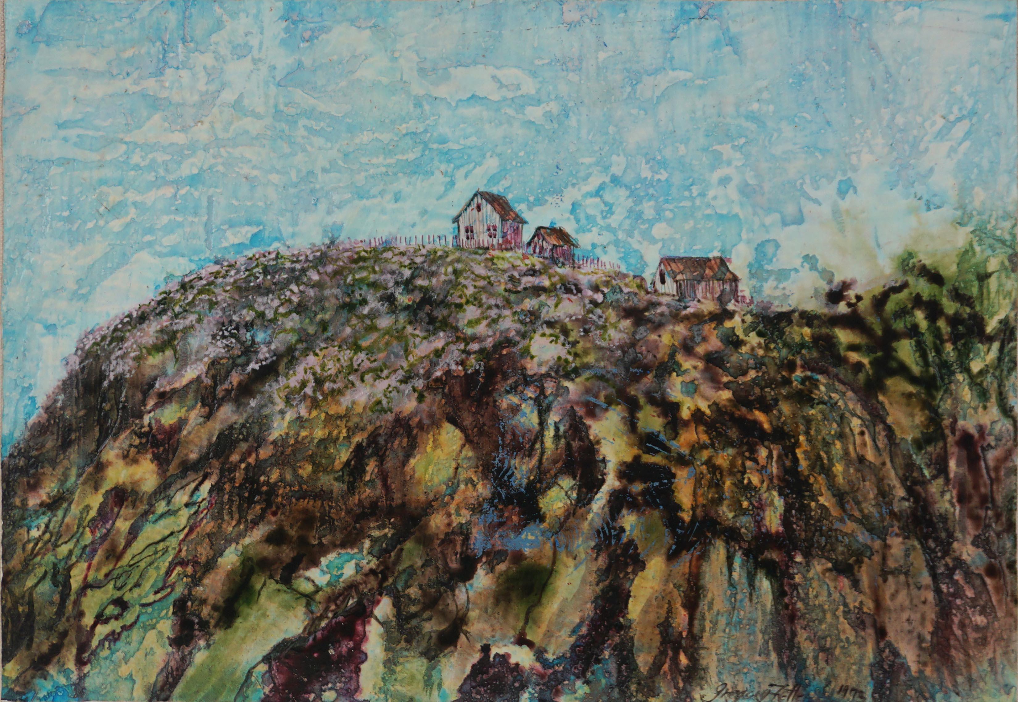 Wonderful encaustic landscape of Coastal Farm by Northern California artist Gregory Fetler (American, b. 1946), 1973. Signed and dated lower right hand corner and on verso. Attached to painted canvas which offers stability and protection for