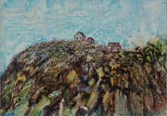 Paysage californien des années 1970 "Coastal Farm" Peinture à l'encaustique sur panneau 