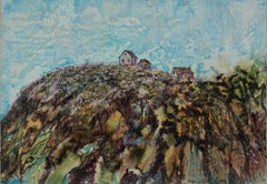 Paisaje californiano de los años 70 "Granja costera" Pintura encáustica sobre tabla