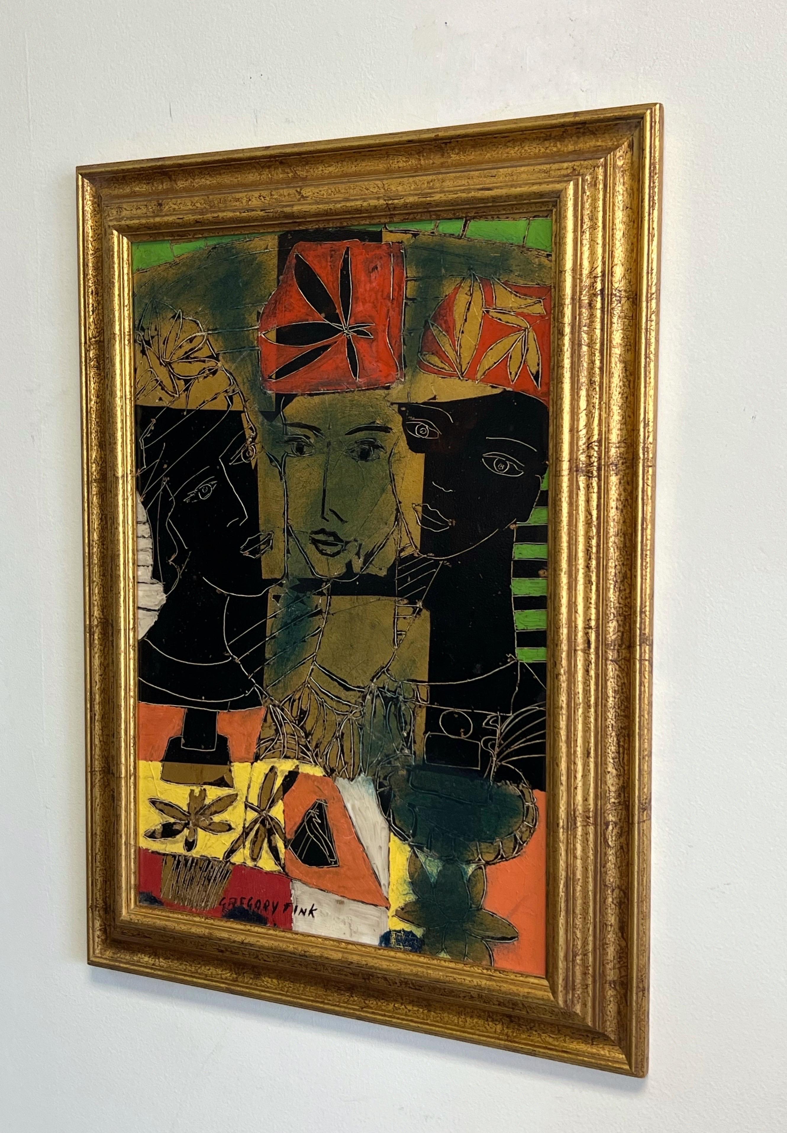 Striking oil on board with gold leaf collage. Quite interesting and unusual technique that brings to mind the illuminated manuscripts of the middle ages, but done in a modern fun secular manner. 