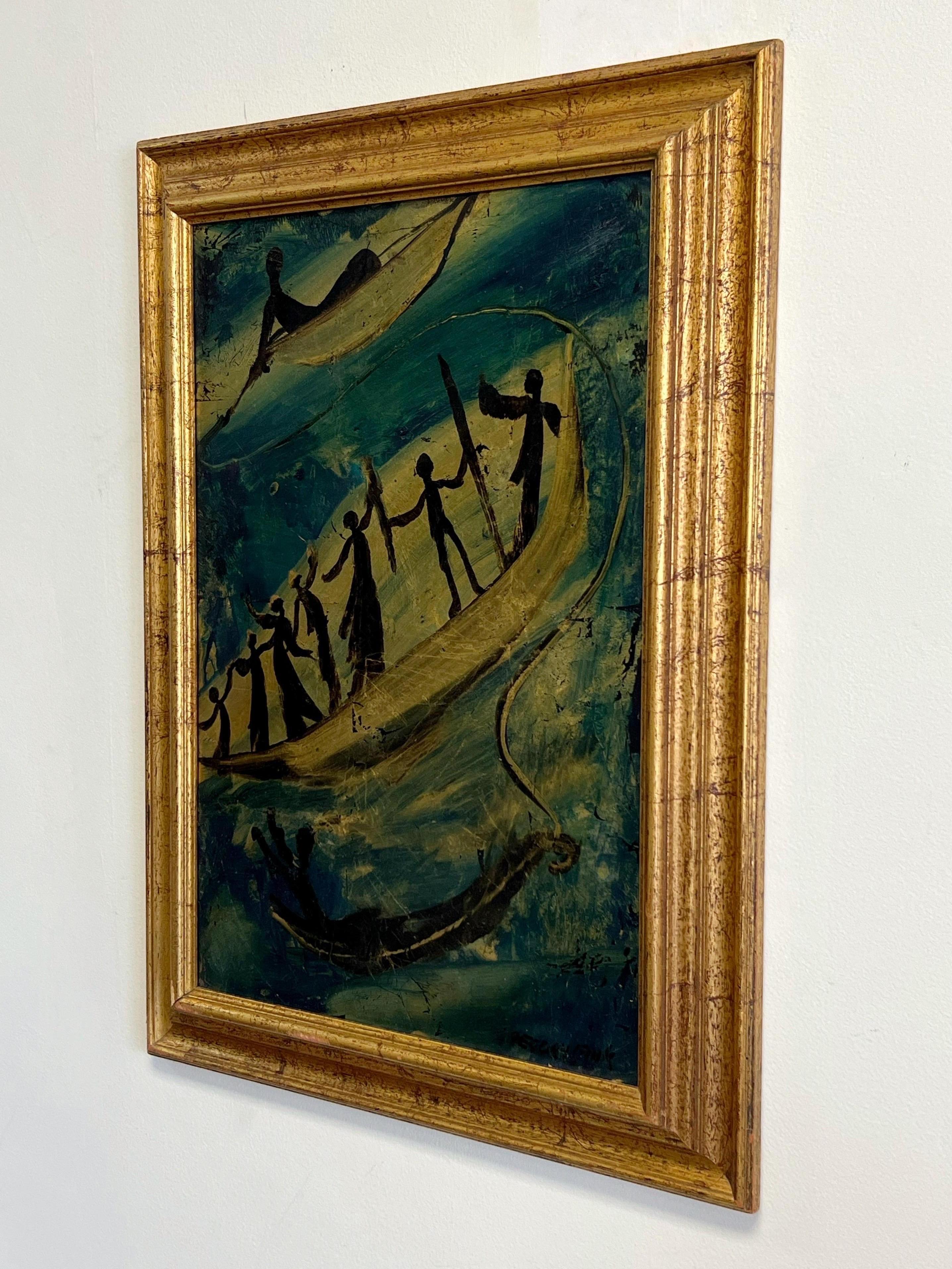 Metà XX secolo Gregory Fink Pittura a olio e foglia d'oro su tavola in vendita