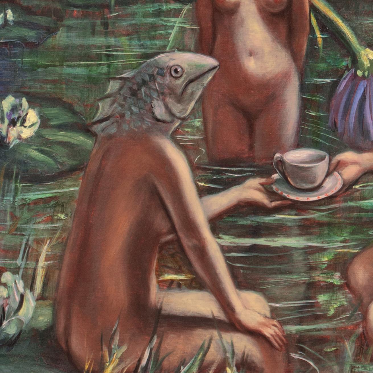 'Tea Party', New York Art Students League, Fechin Institute, Santa Fe, Olio di grandi dimensioni - Landscape Painting Marrone di Gregory Frank Harris