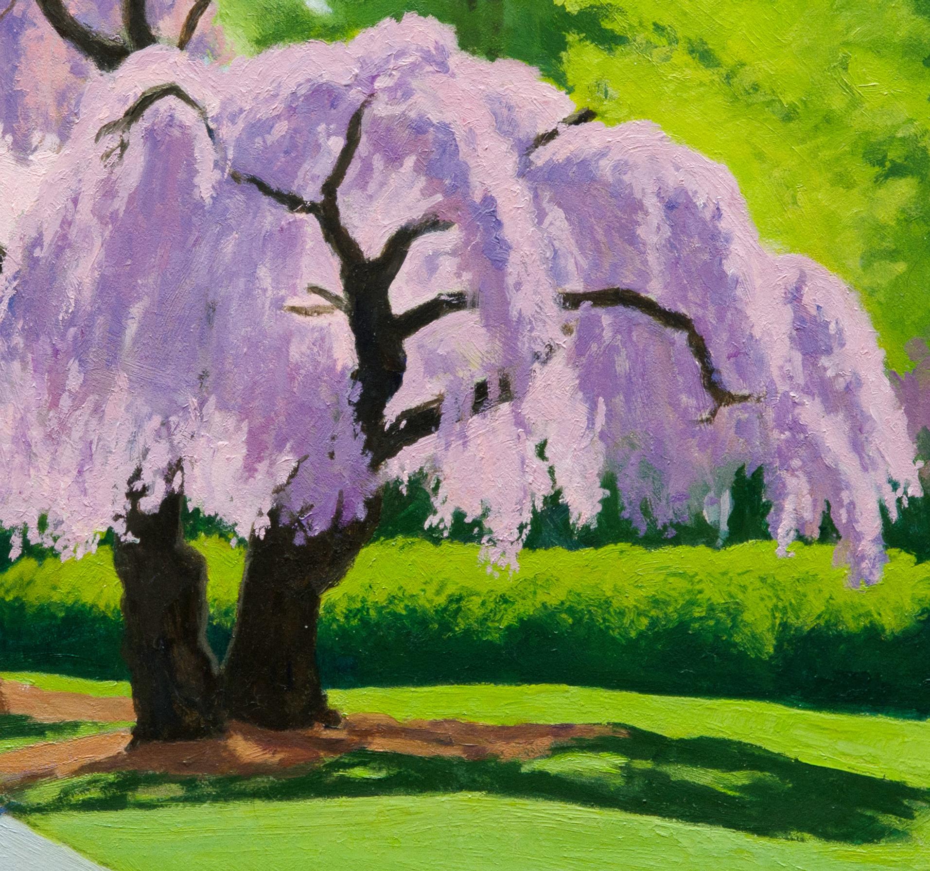 Cherry Tree, pink & lavender flowering trees w mother and child in stroller - Painting by Gregory Frux