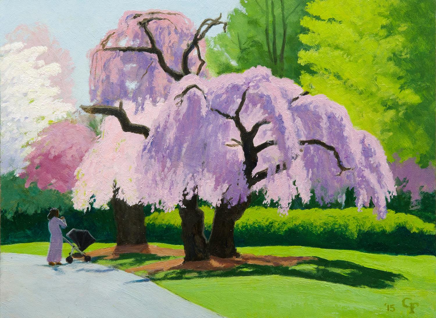 Cherry Tree, pink & lavender flowering trees w mother and child in stroller