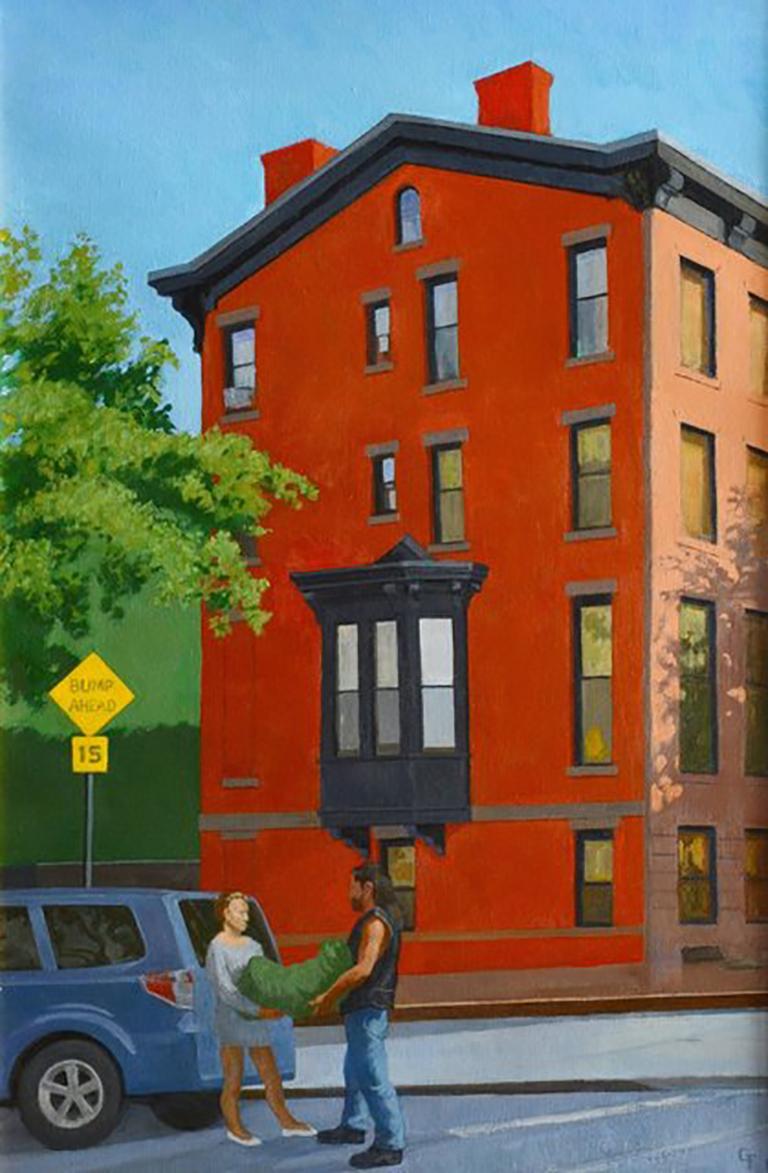 Gregory Frux Landscape Painting - End of Brownstone, urban street scene Brooklyn, bright colors